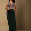 Bottle Green Dhoti Skirt And Choli With Multi Colored Hand Embroidery In Floral Motifs