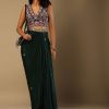 Bottle Green Dhoti Skirt And Choli With Multi Colored Hand Embroidery In Floral Motifs
