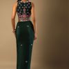 Bottle Green Dhoti Skirt And Choli With Multi Colored Hand Embroidery In Floral Motifs