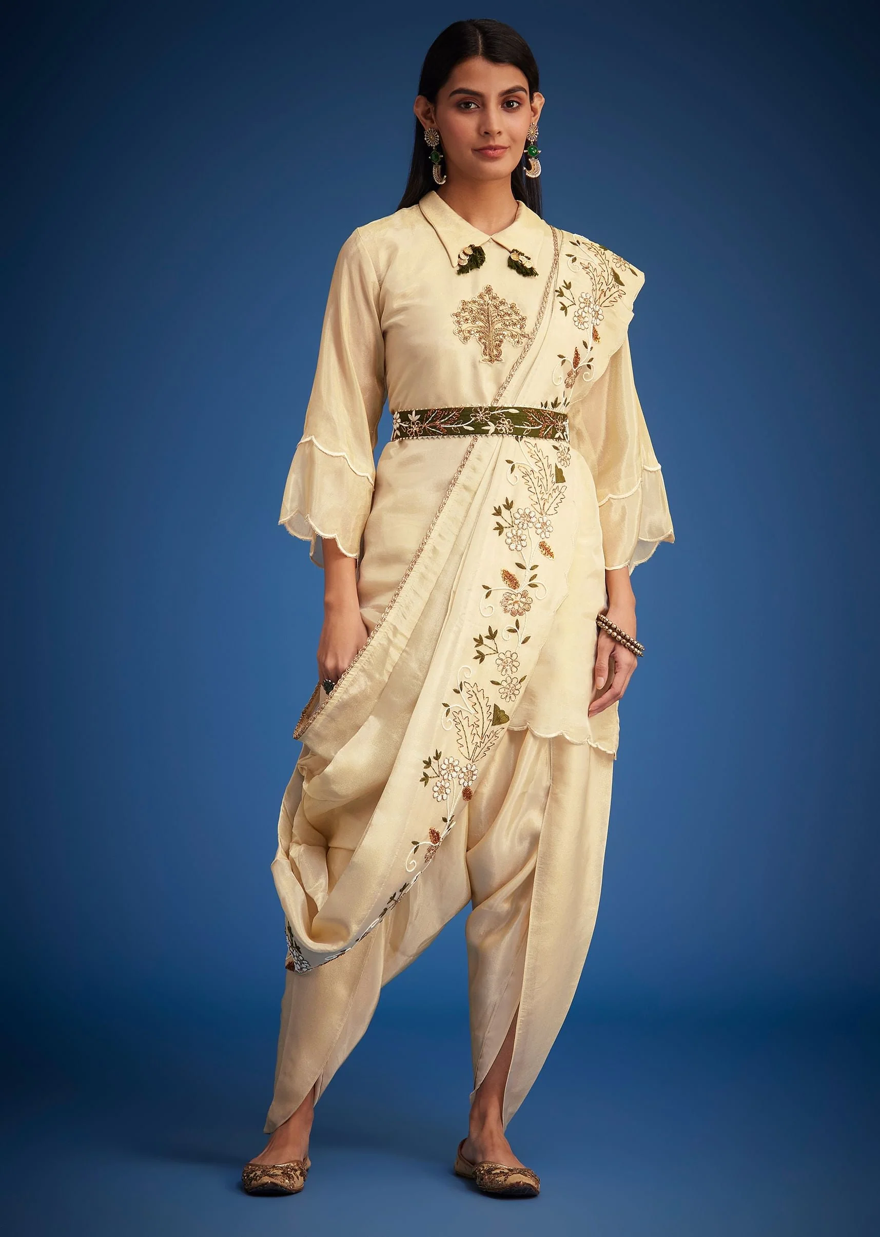 Cream Tissue Embroidered Dhoti Set