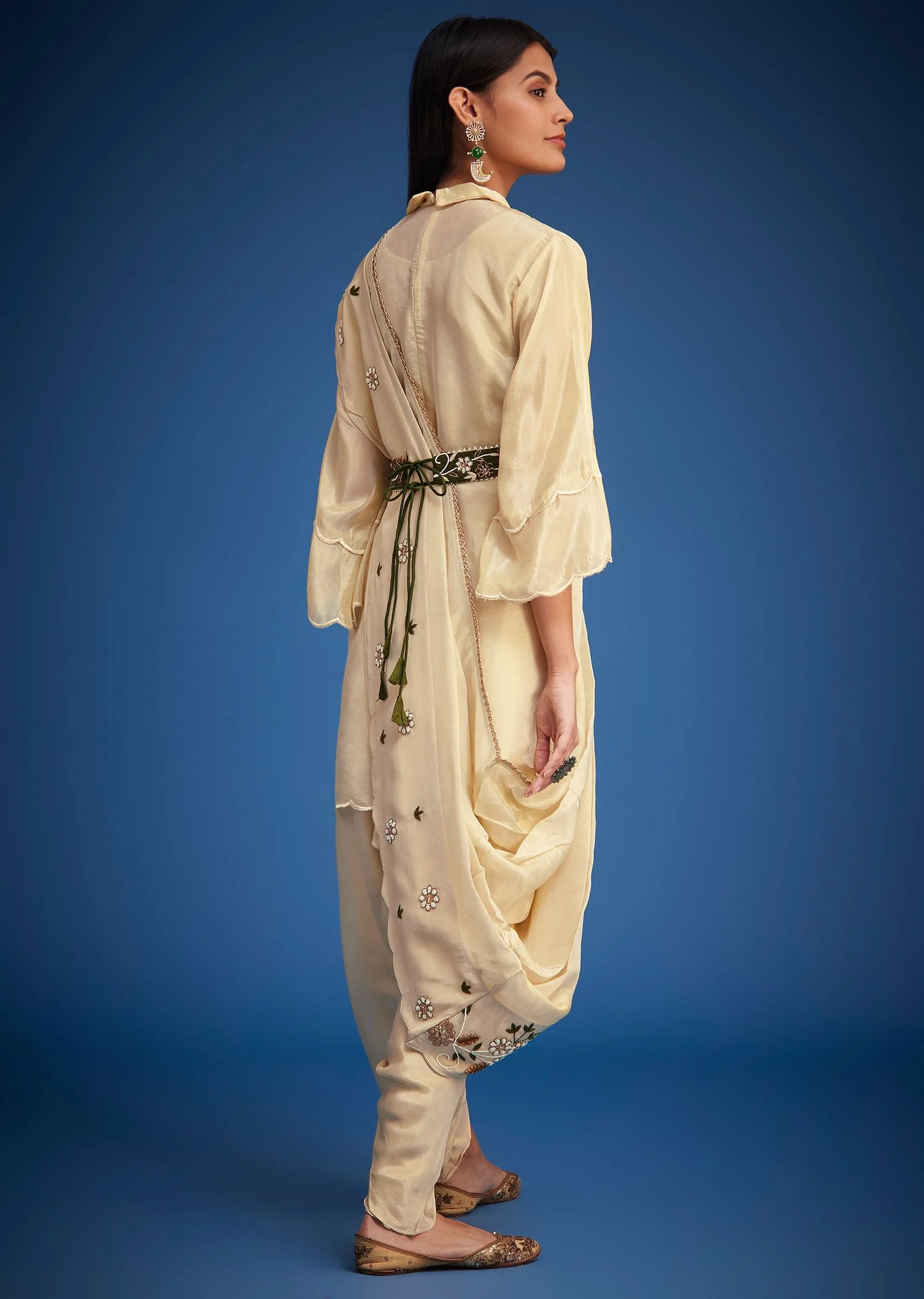 Cream Tissue Embroidered Dhoti Set