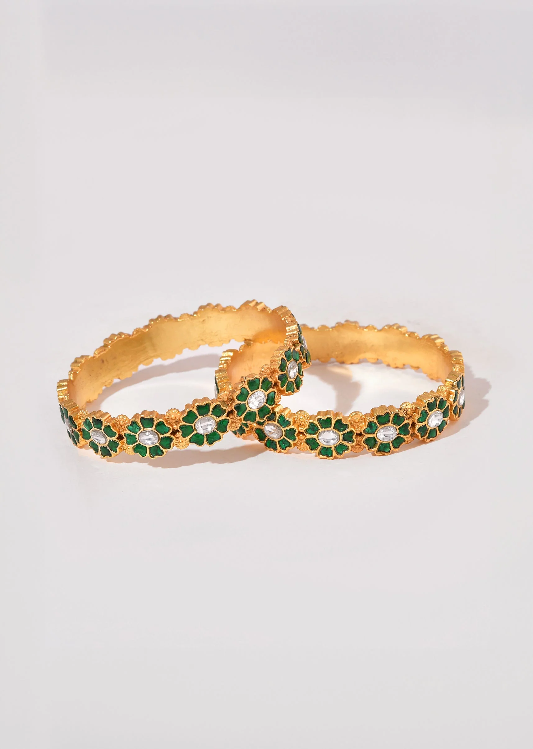 1043-gold-and-green-floral-motif-kundan-bangle-set-of-two-2.webp Gold and Green Floral Motif Kundan Bangle Set of Two