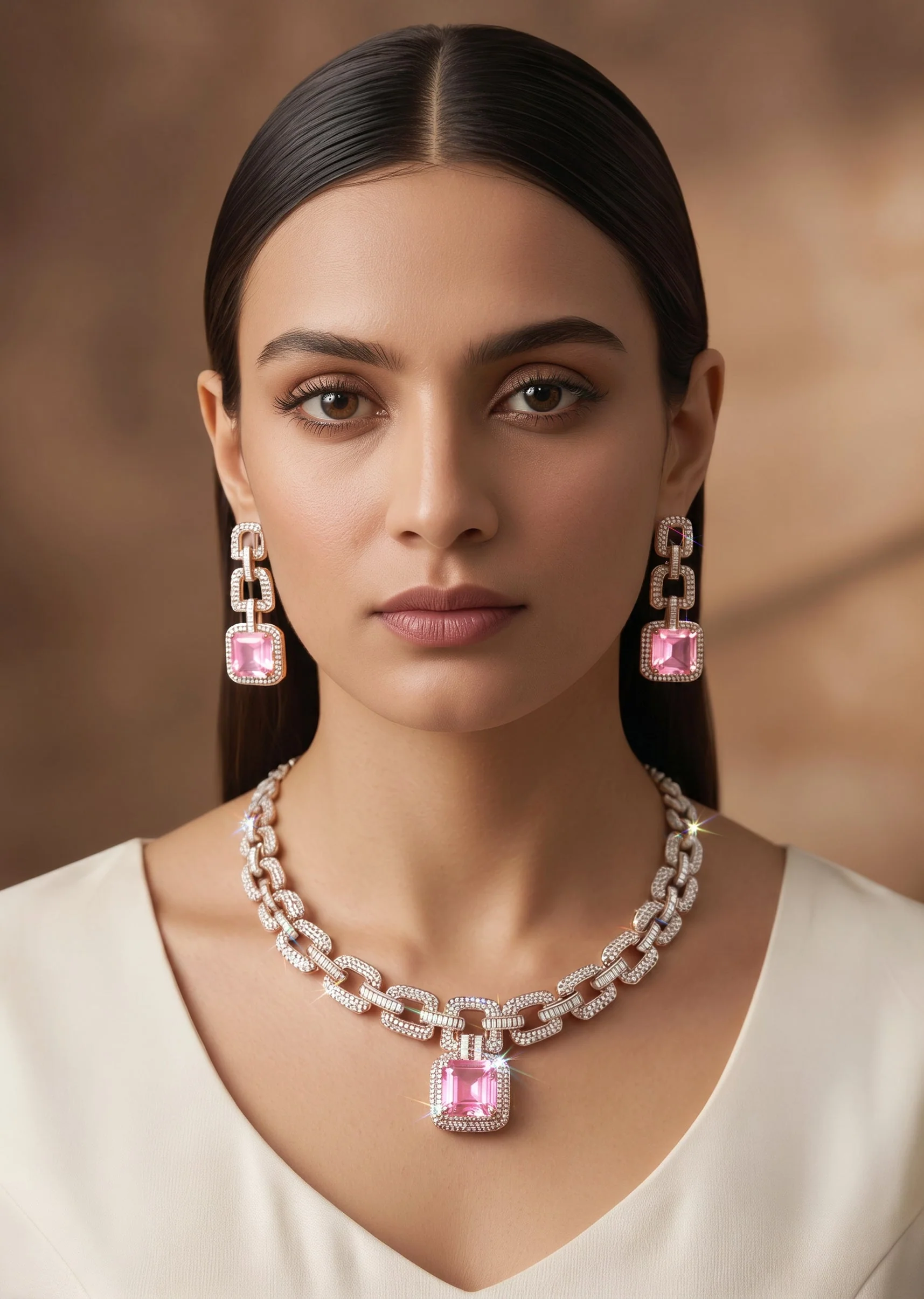Pink Crystal And Black Bead Statement Necklace Set