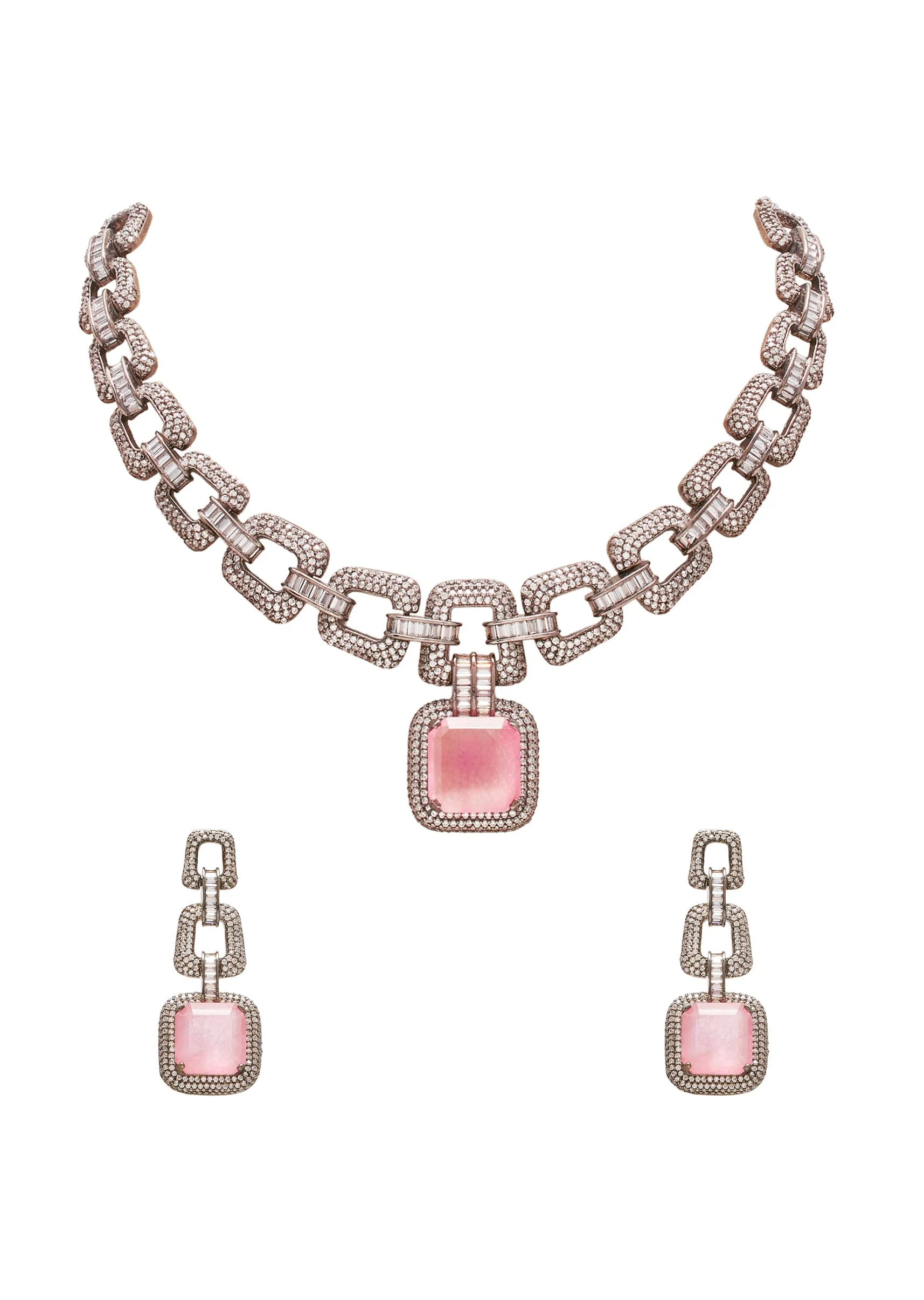 Pink Crystal And Black Bead Statement Necklace Set