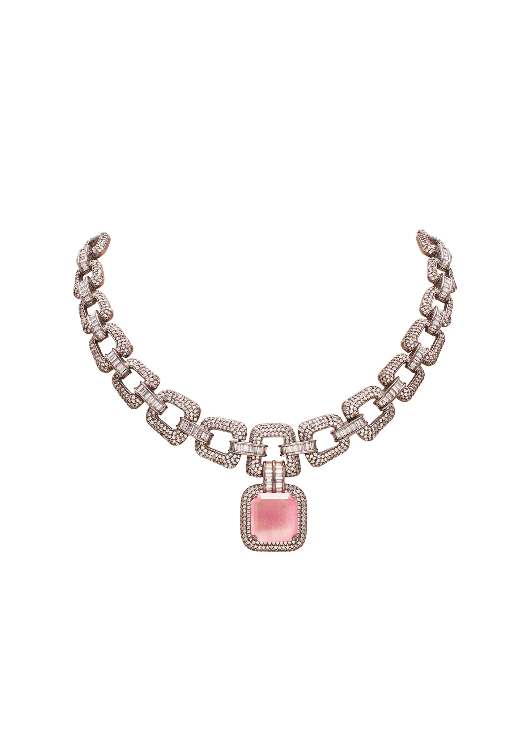 Pink Crystal And Black Bead Statement Necklace Set