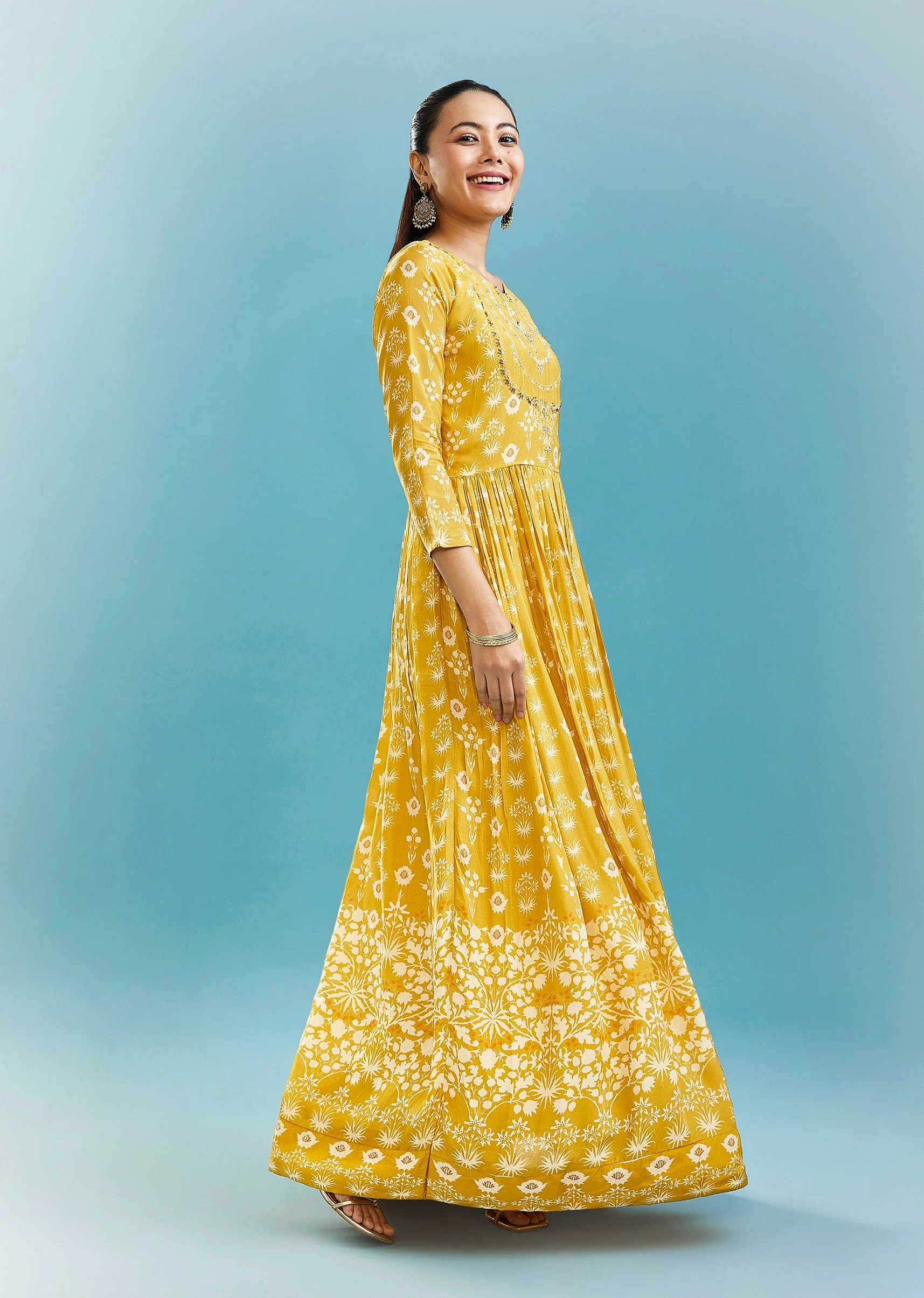 Yellow Floral Kurti With Zari Work