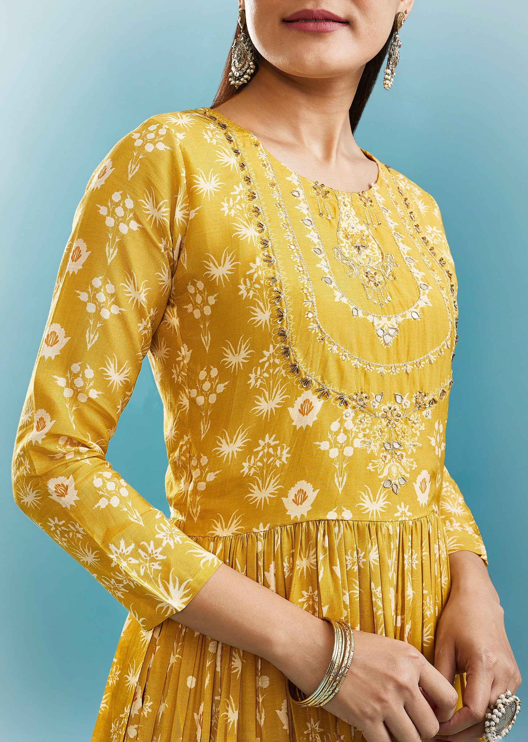 Yellow Floral Kurti With Zari Work