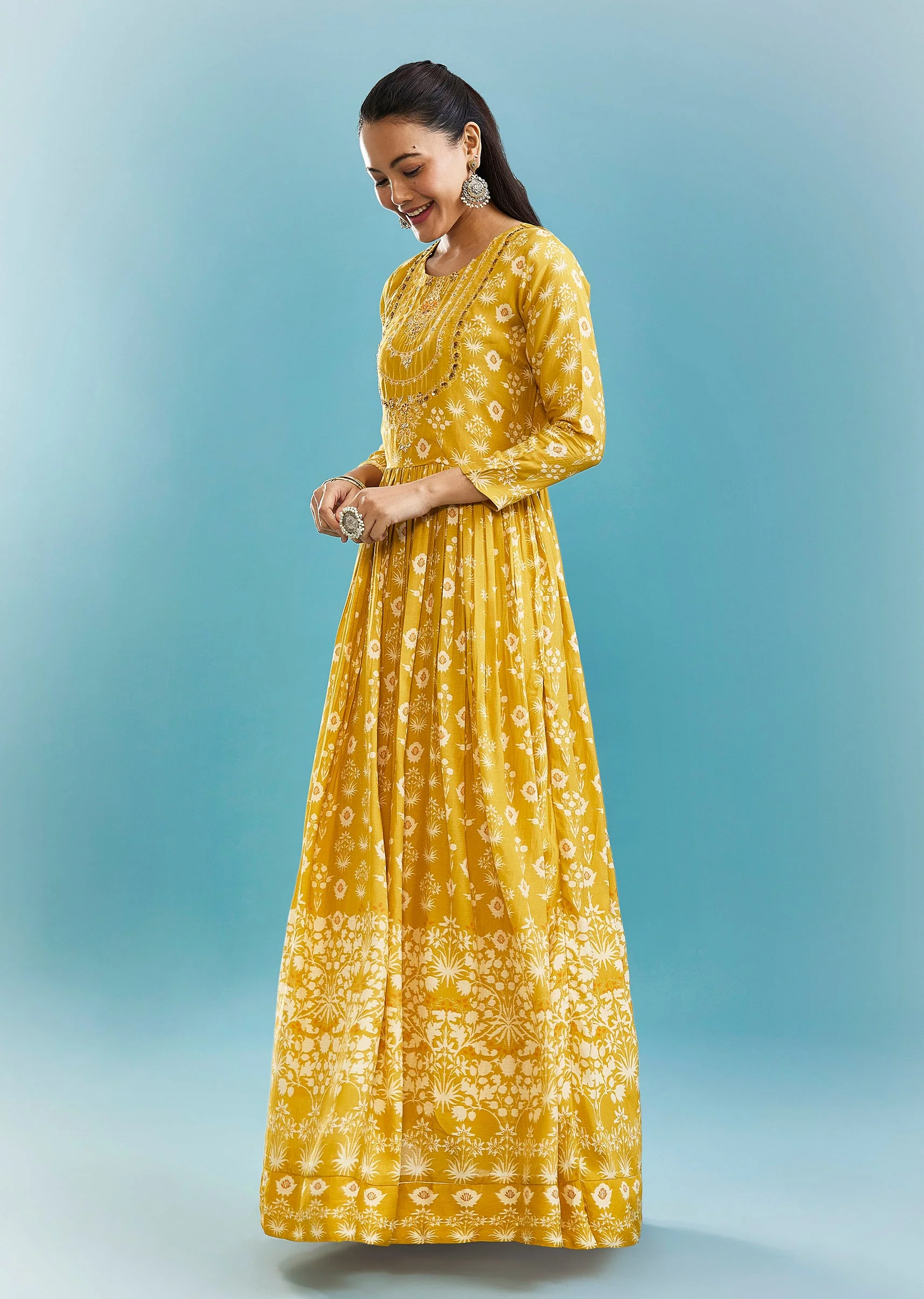 Yellow Floral Kurti With Zari Work