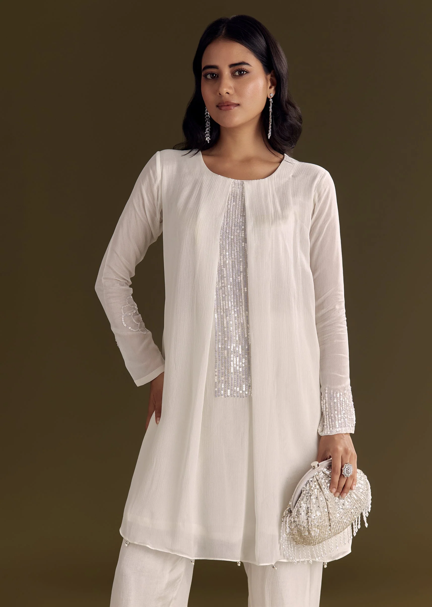 10610-white-chinon-kurta-pant-set-with-sequins-work-1.webp White Chinon Kurta Pant Set With Sequins Work
