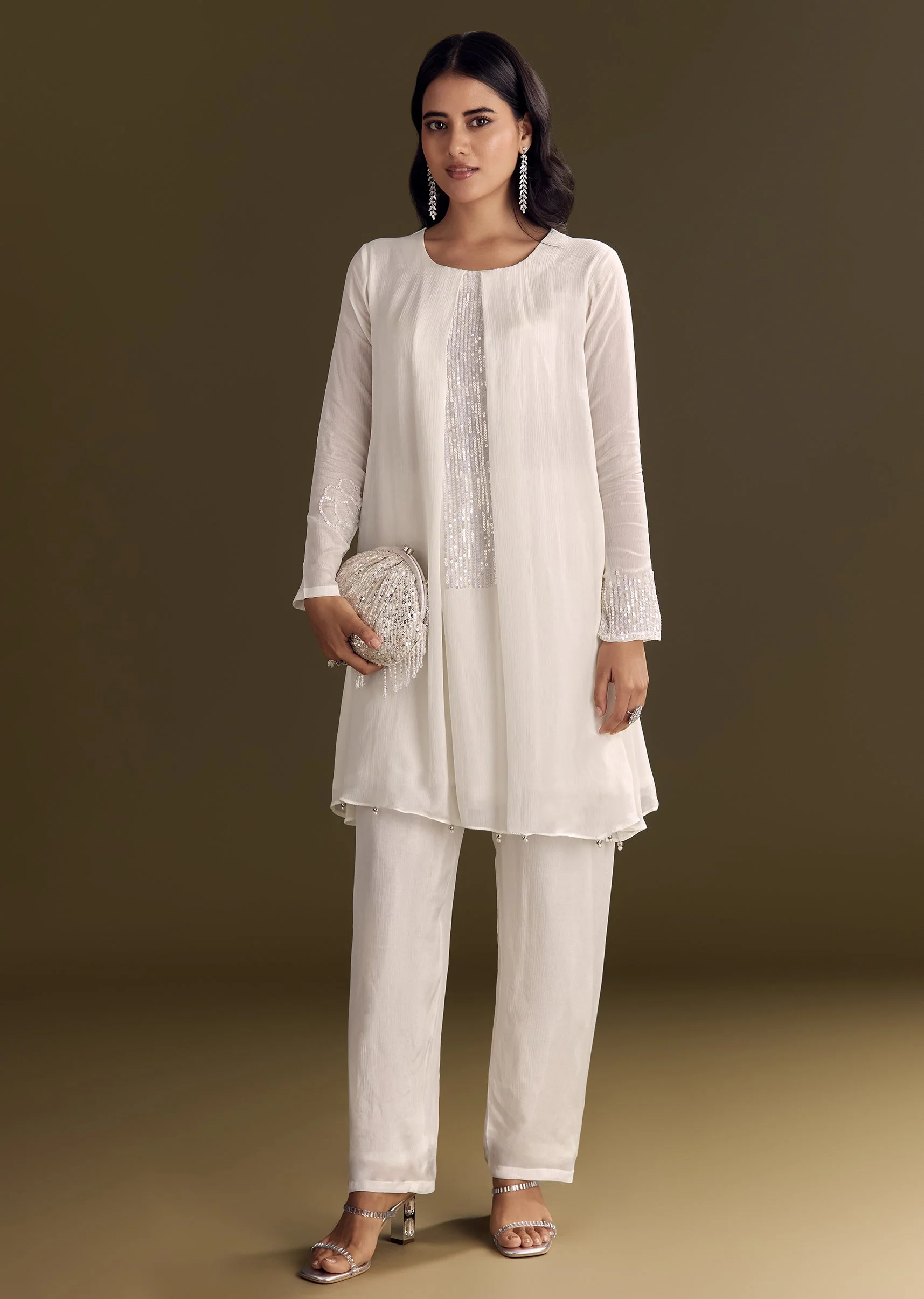 White Chinon Kurta Pant Set With Sequins Work
