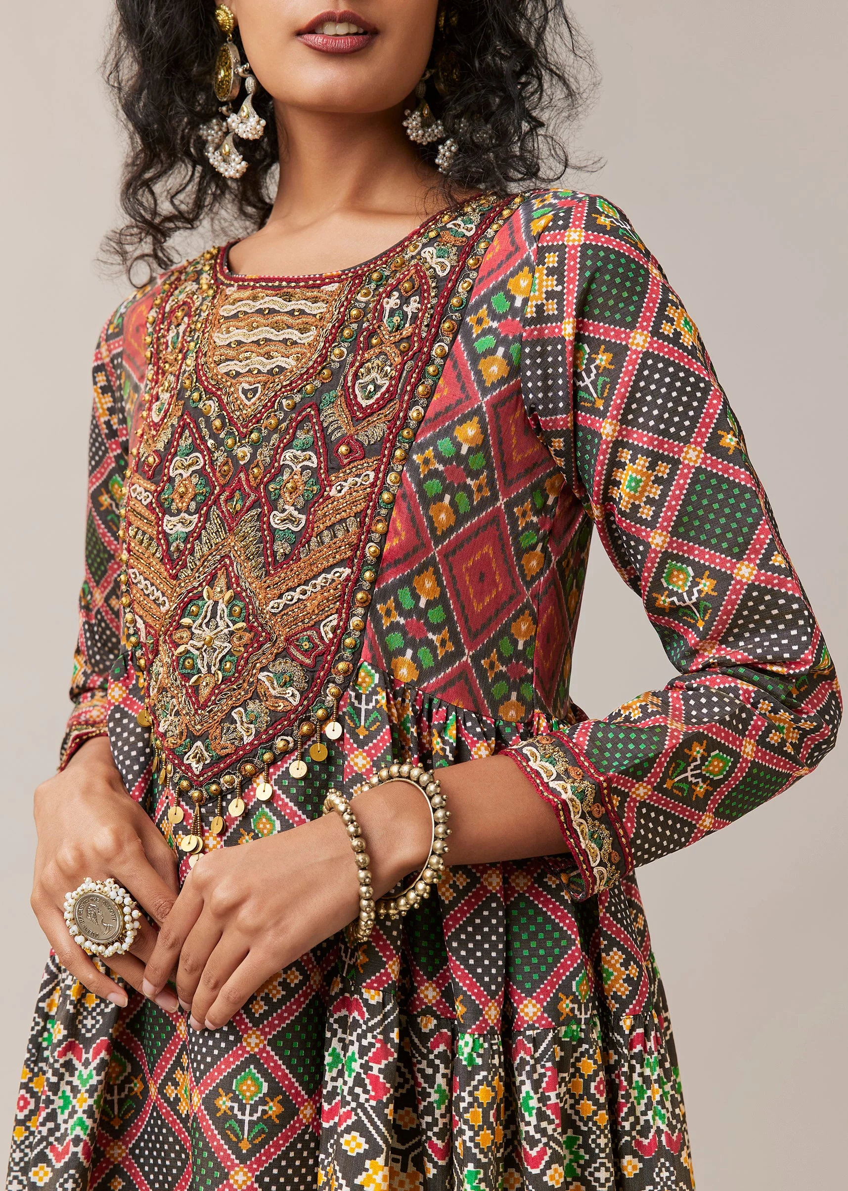 Black Patola Print Silk Long Kurti