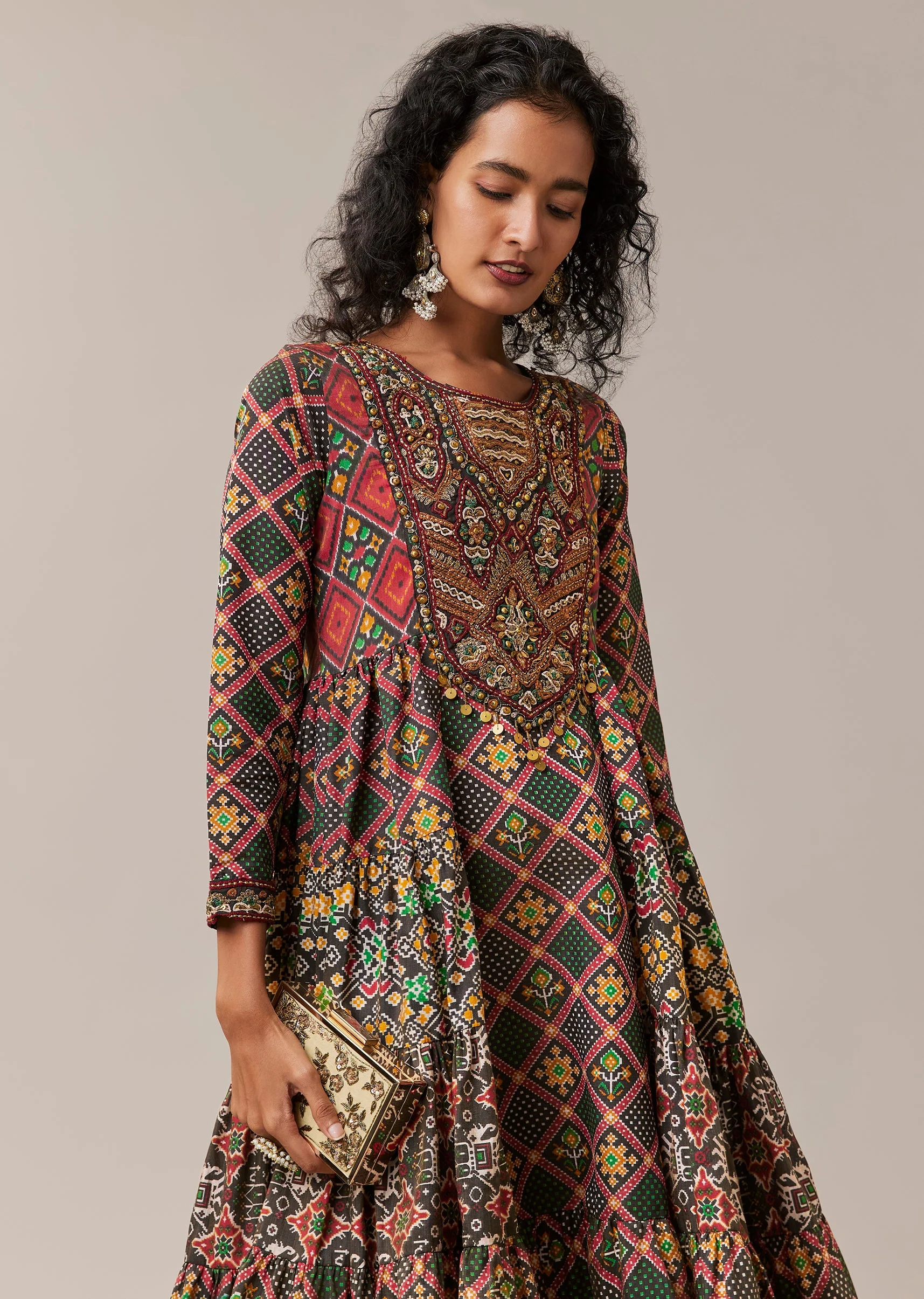 Black Patola Print Silk Long Kurti