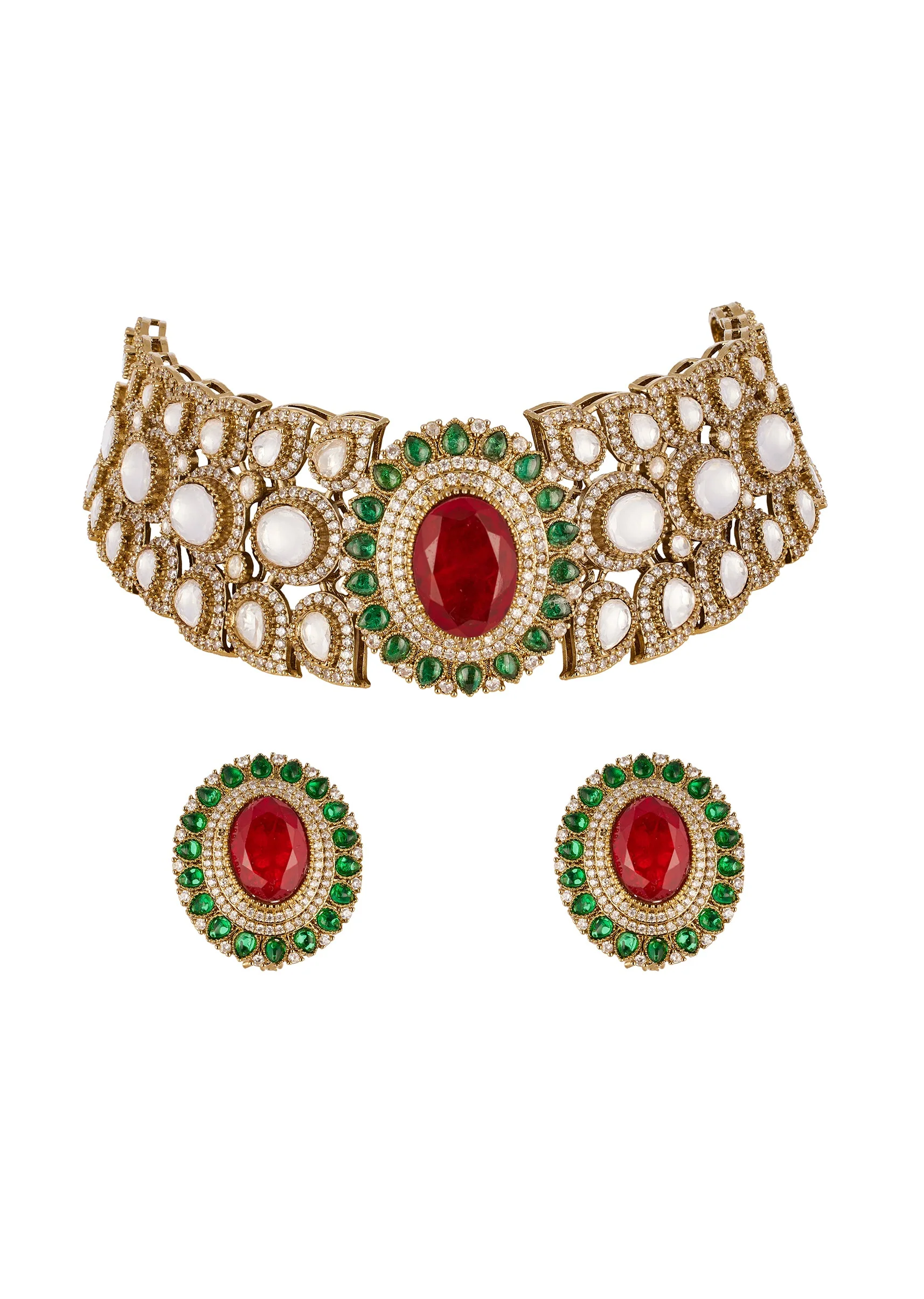 1062-red-and-green-rhodium-plated-cz-diamond-necklace-set-with-semi-precious-stones-2.webp Red and Green Rhodium Plated Cz Diamond Necklace Set with Semi Precious Stones
