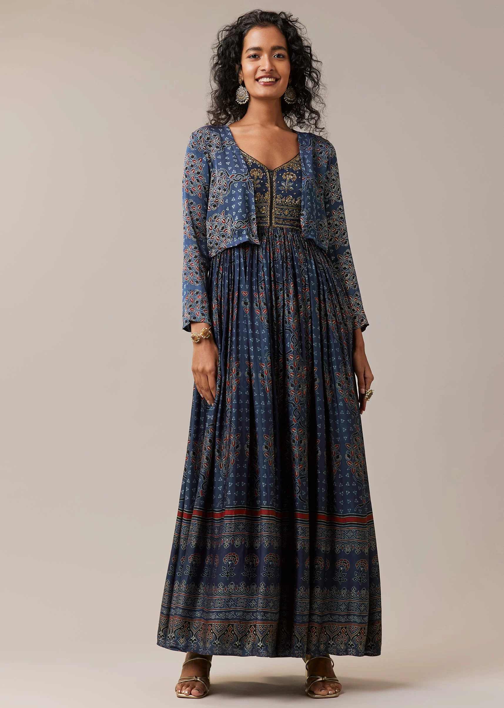 10629-blue-hand-dyed-ajrakh-jacket-and-gown-set-1.webp Blue Hand Dyed Ajrakh Jacket and Gown Set