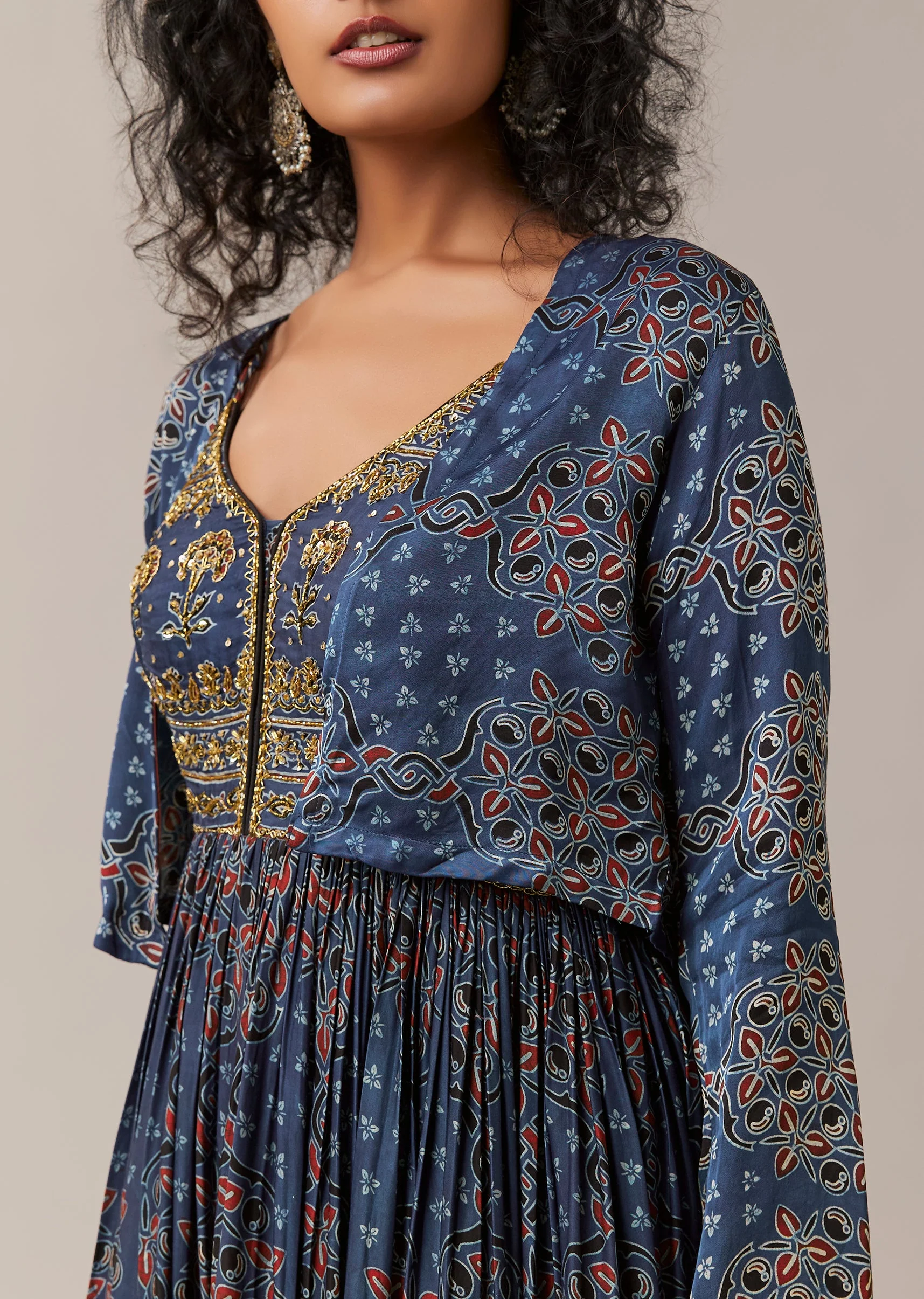 Blue Hand Dyed Ajrakh Jacket and Gown Set