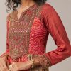 Red Bandhani and Floral Print Silk Long Kurti