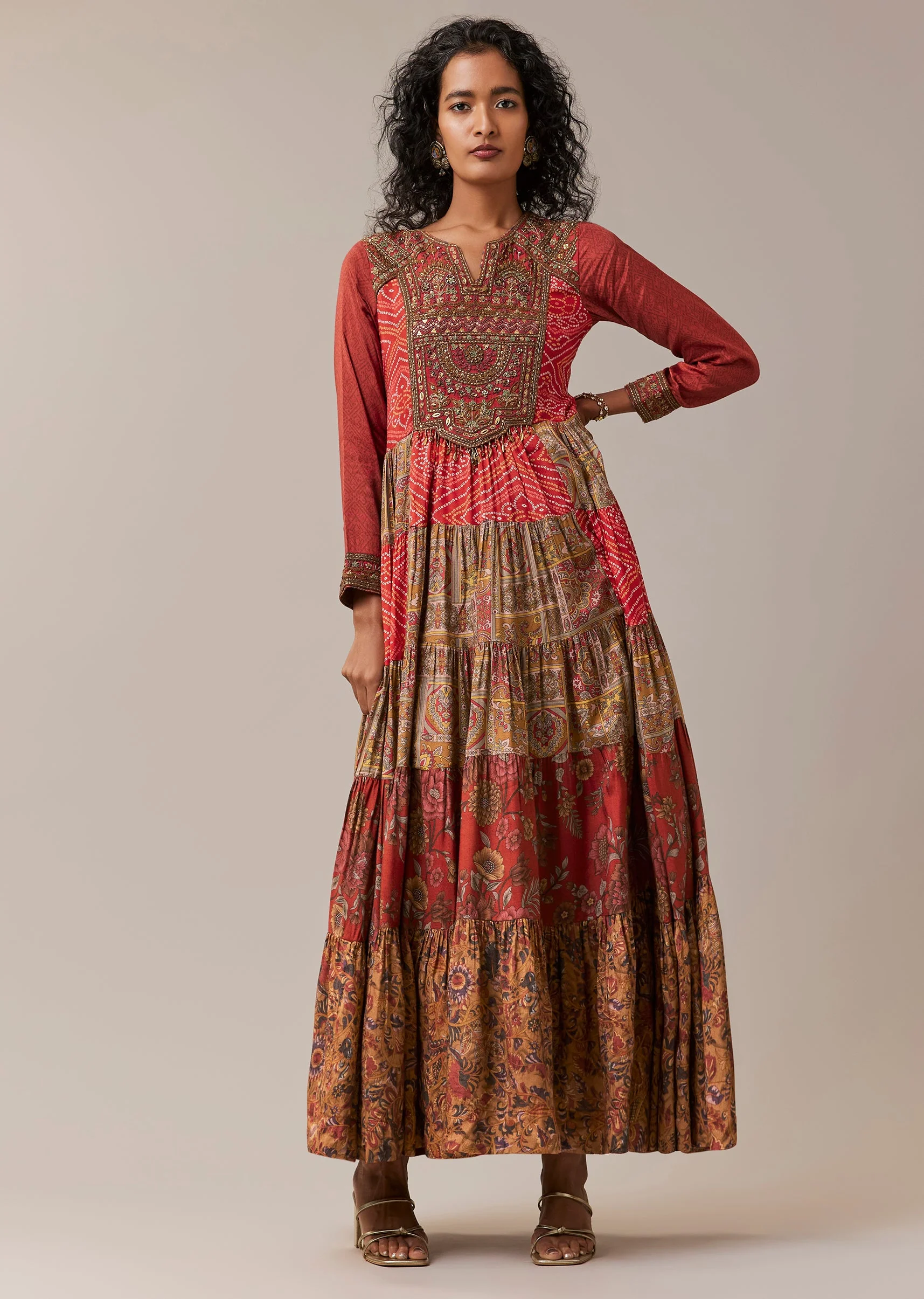 Red Bandhani and Floral Print Silk Long Kurti