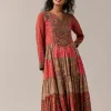 Red Bandhani and Floral Print Silk Long Kurti