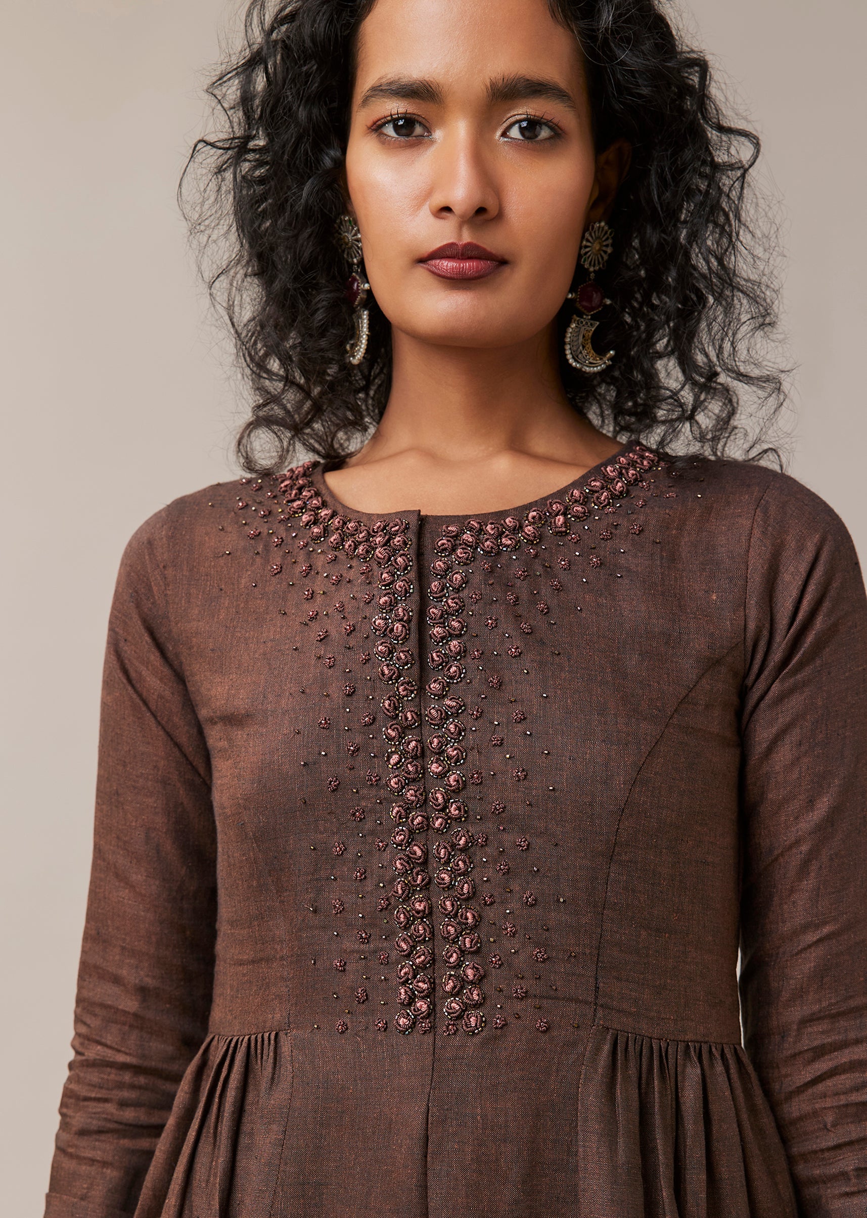 Brown Hand Embroidered French Knot Linen Kurta