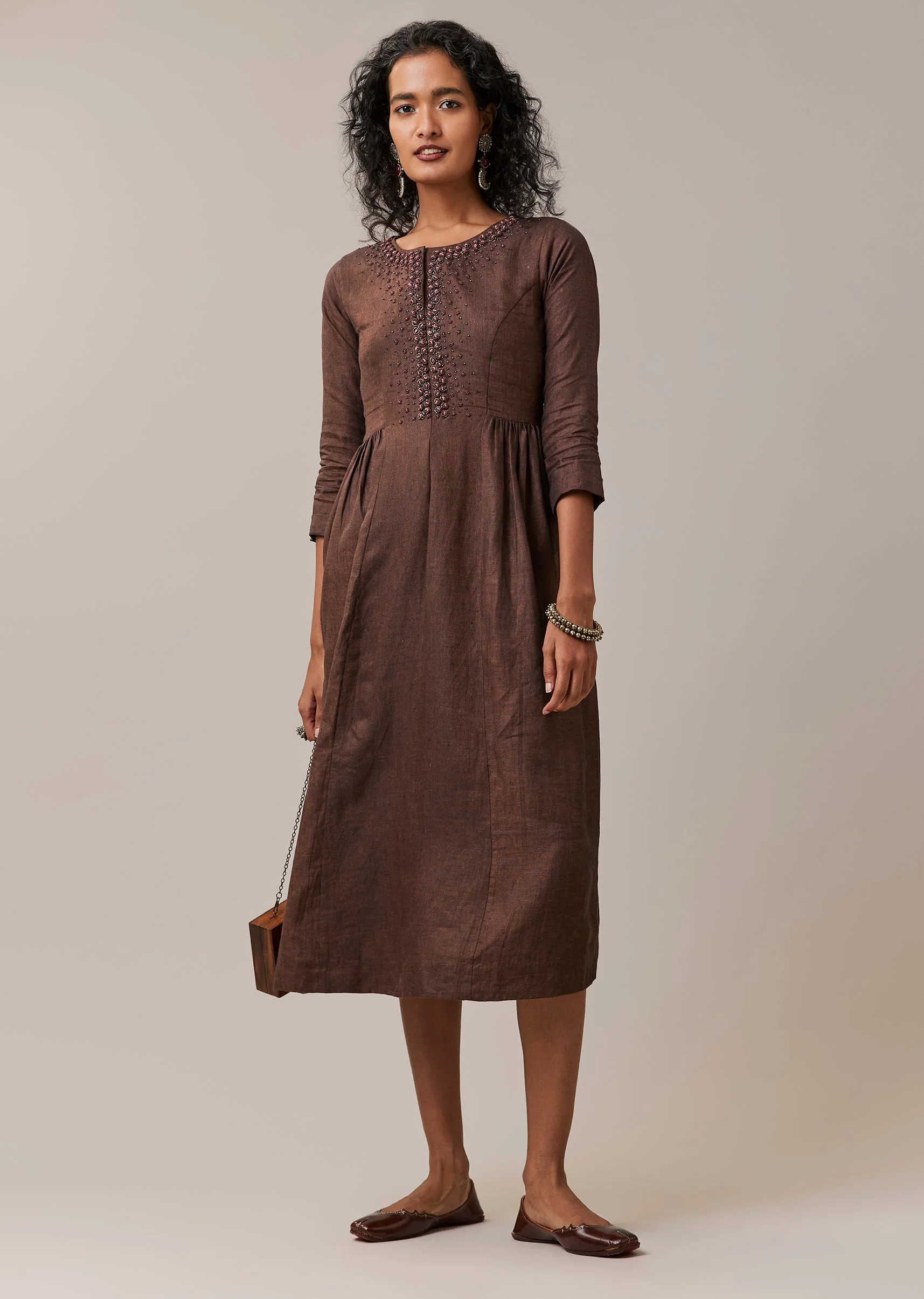 Brown Hand Embroidered French Knot Linen Kurta