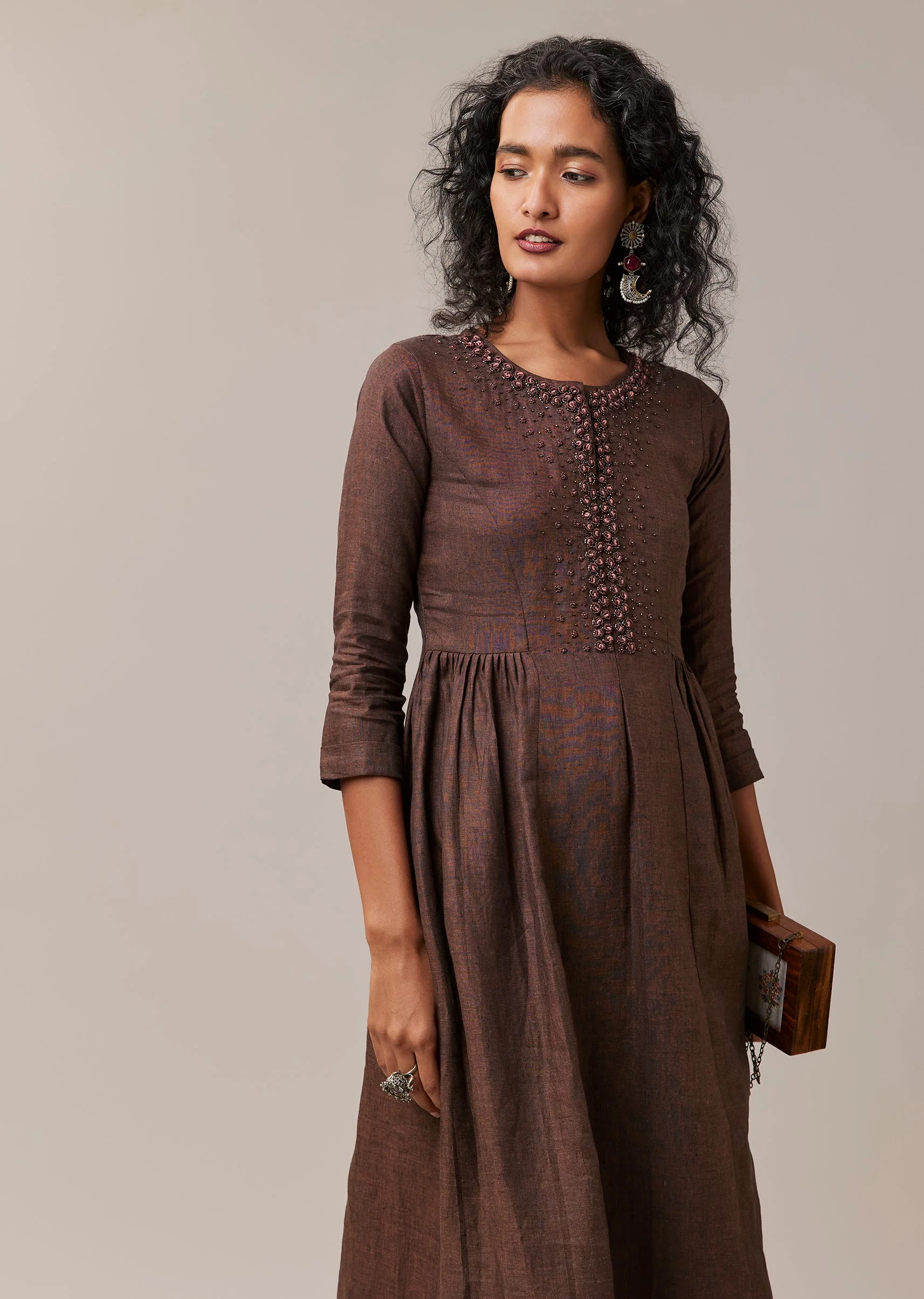 Brown Hand Embroidered French Knot Linen Kurta