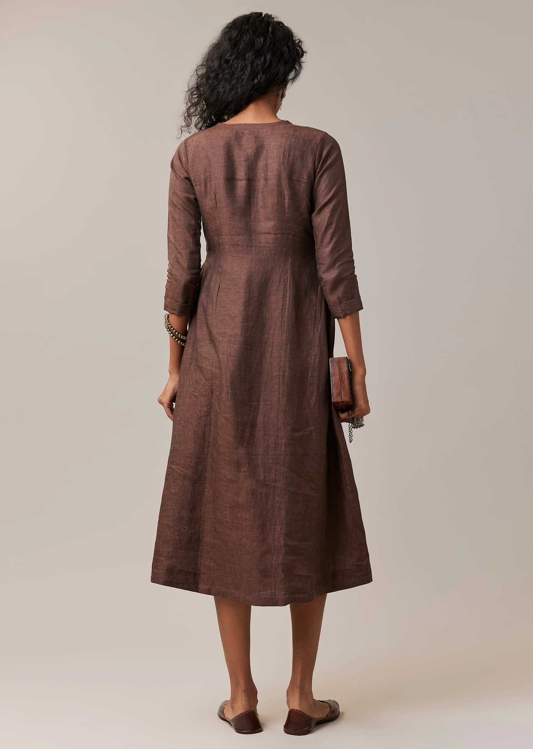 Brown Hand Embroidered French Knot Linen Kurta