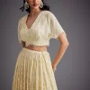 Off White Embroidered Pleated Skirt With Sheer Layered Croptop