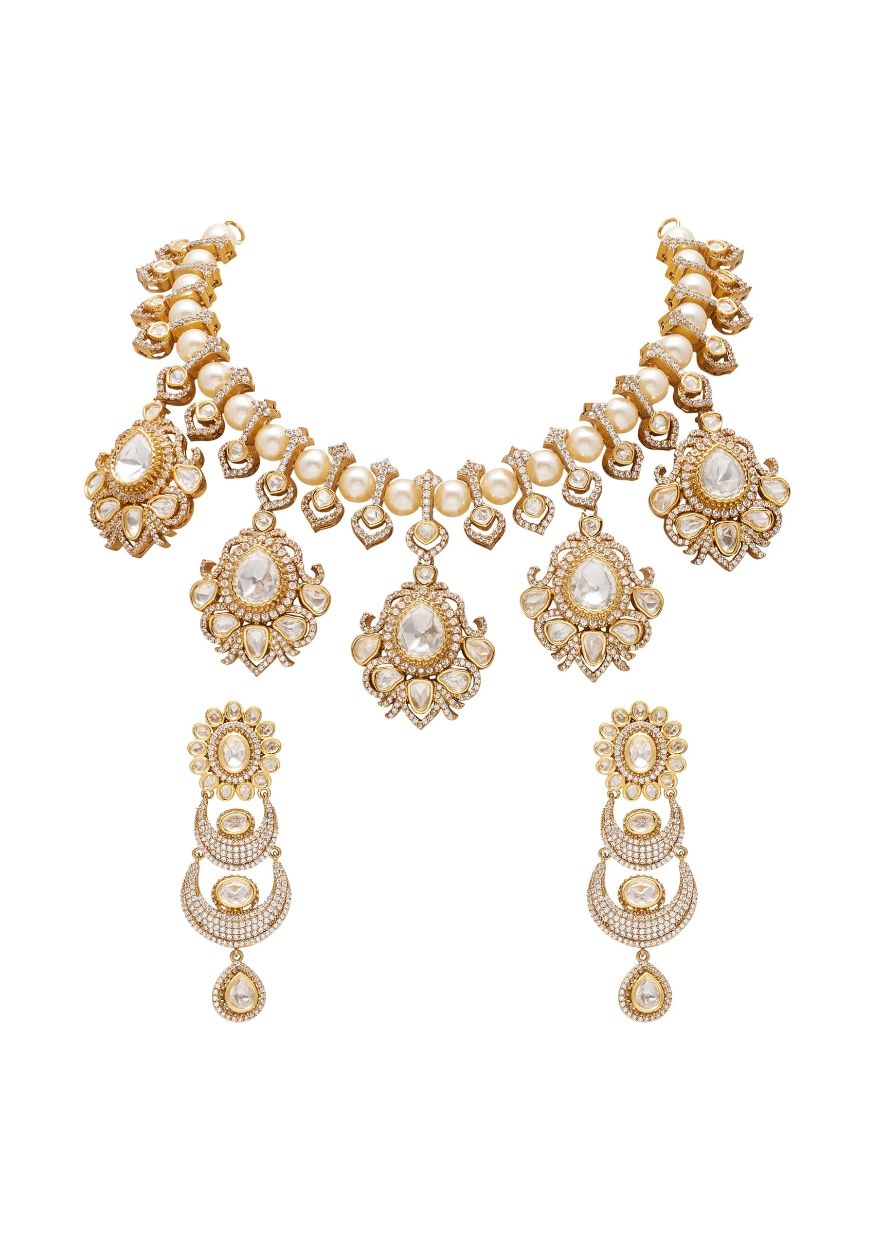 White And Gold Crescent Moon Tiered Pendant Necklace Set