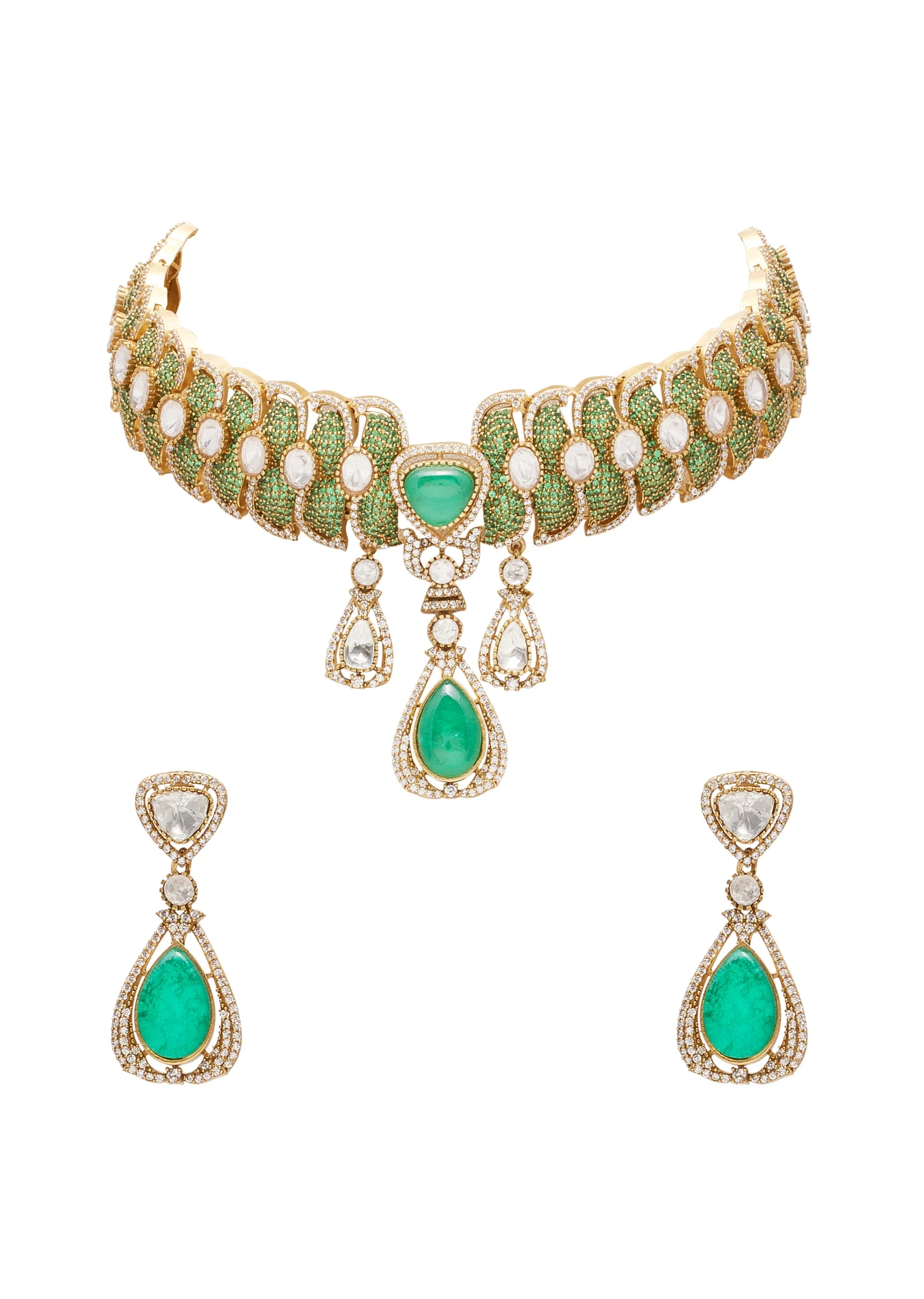 Green And Gold Teardrop Stone Pendant Necklace Set