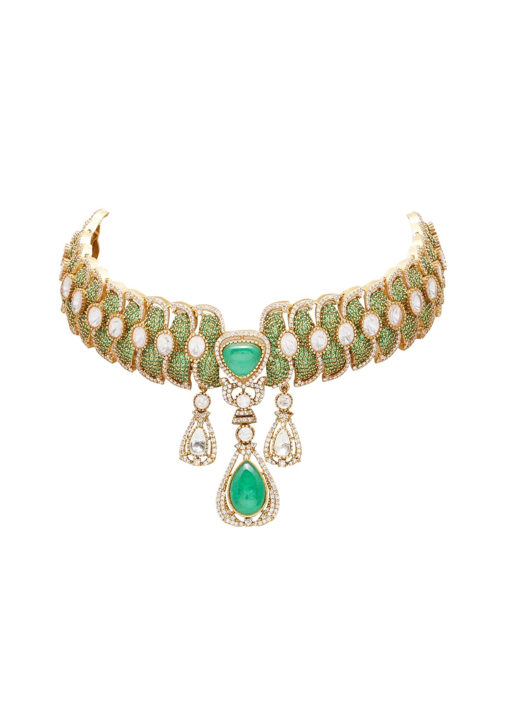 Green And Gold Teardrop Stone Pendant Necklace Set
