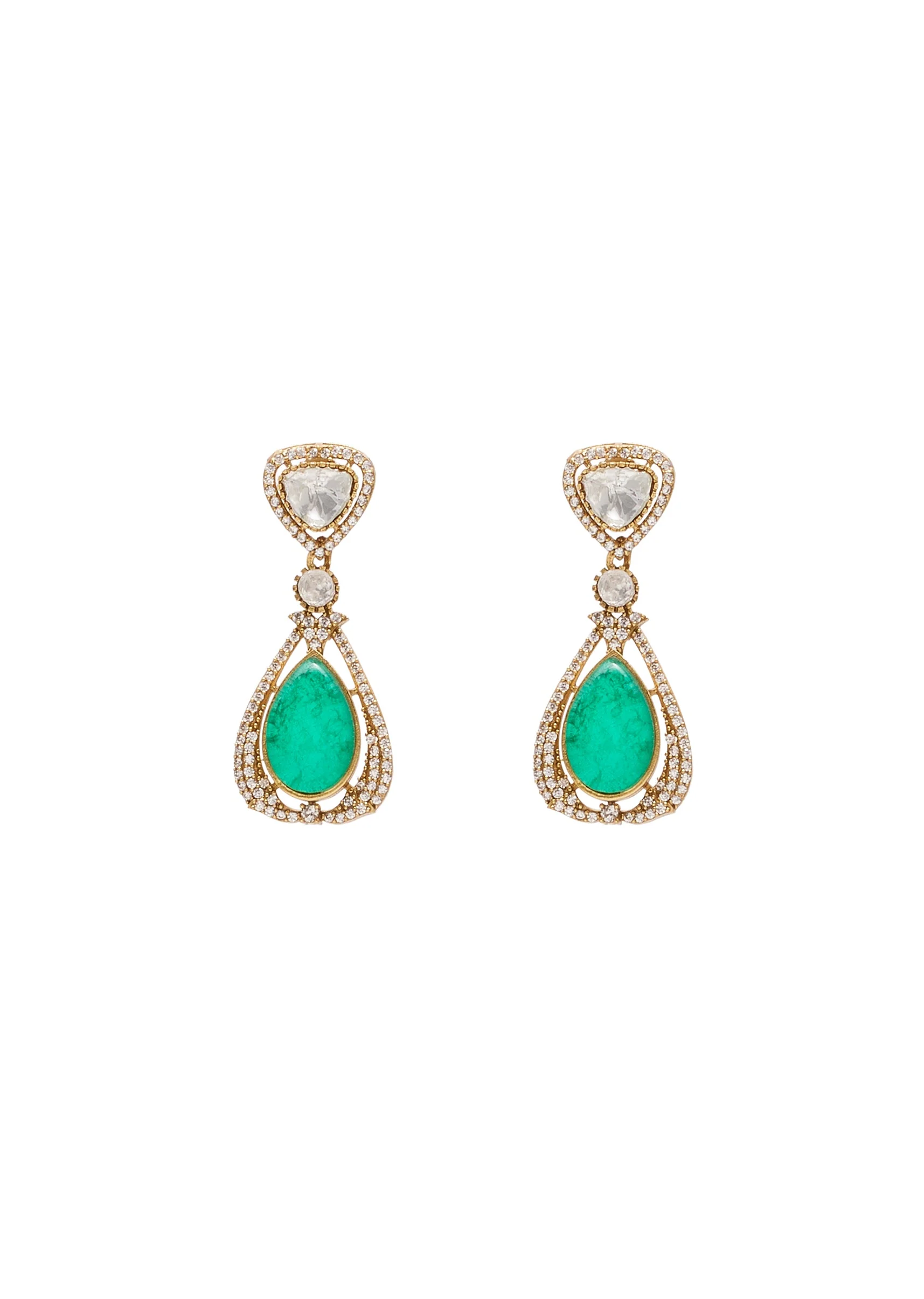 Green And Gold Teardrop Stone Pendant Necklace Set