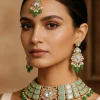 Green And Gold Floral Pendant Necklace Set With Maangtikka