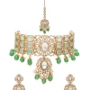 Green And Gold Floral Pendant Necklace Set With Maangtikka