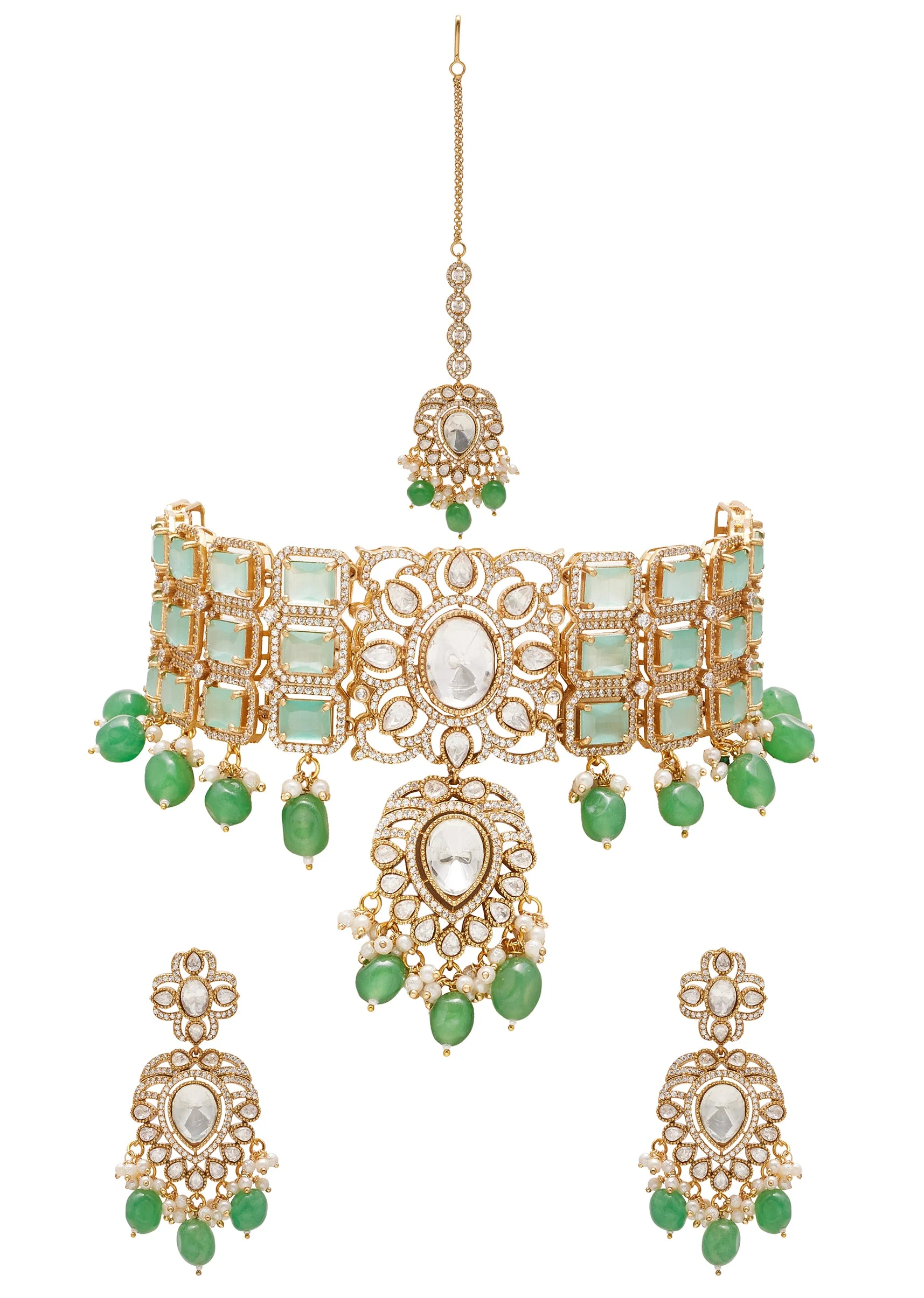 Green And Gold Floral Pendant Necklace Set With Maangtikka