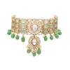 Green And Gold Floral Pendant Necklace Set With Maangtikka