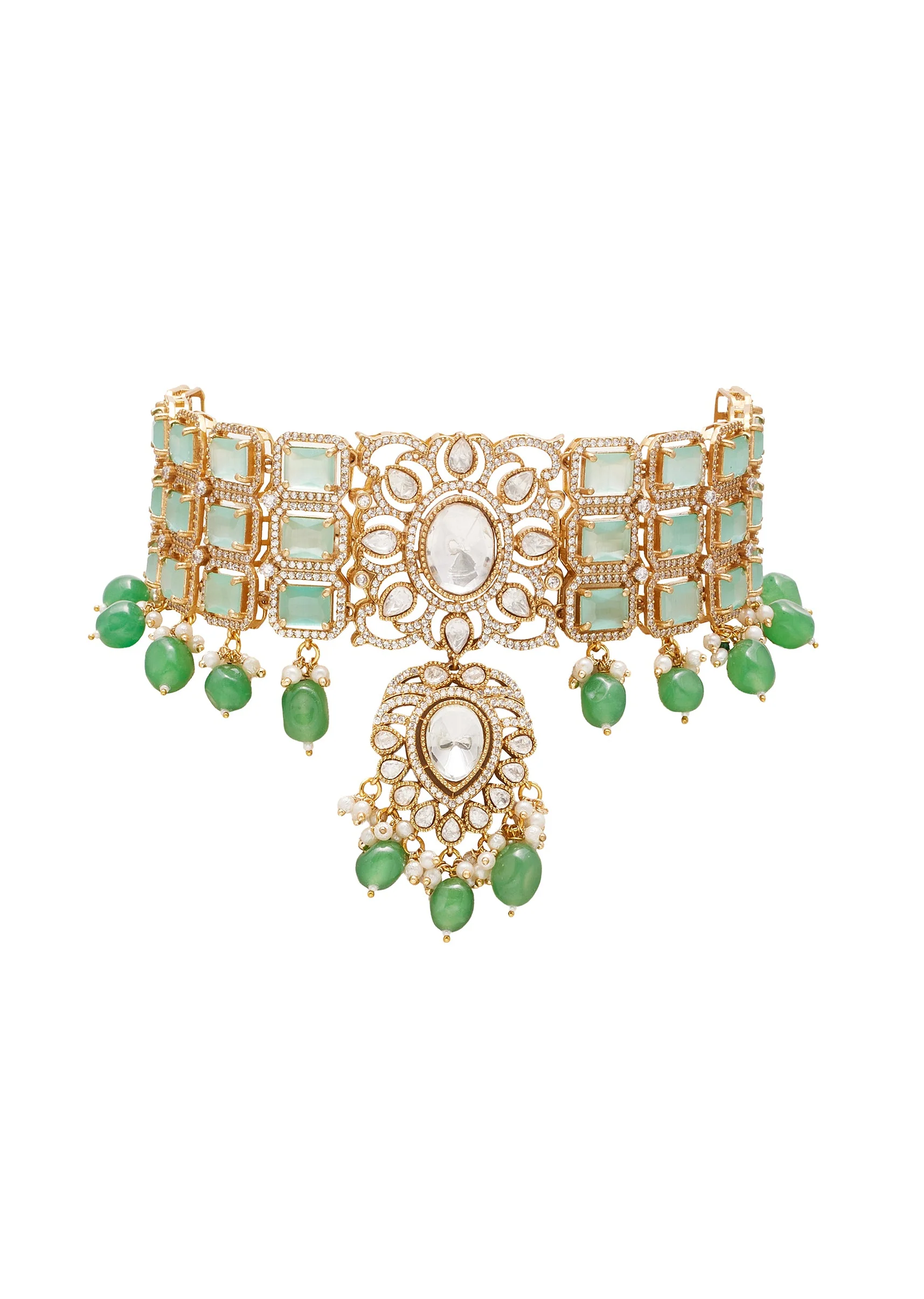 Green And Gold Floral Pendant Necklace Set With Maangtikka