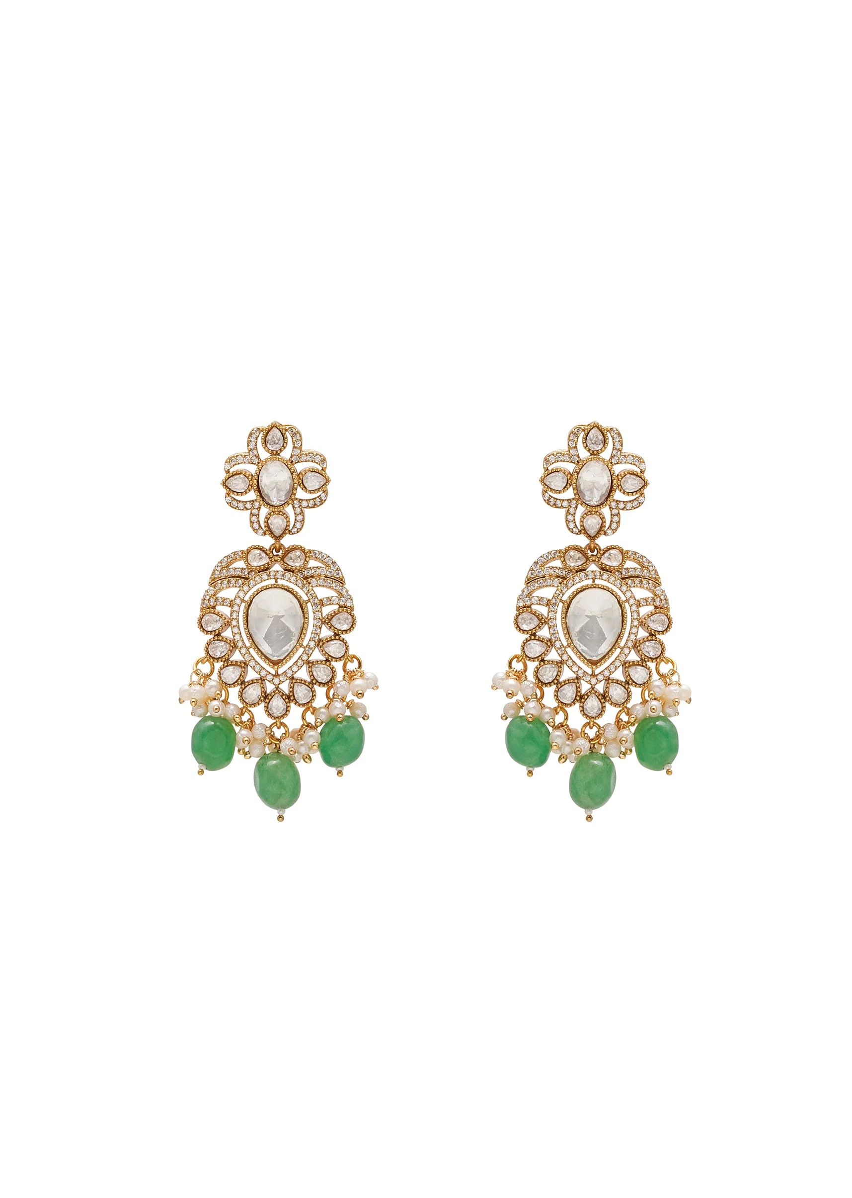 Green And Gold Floral Pendant Necklace Set With Maangtikka