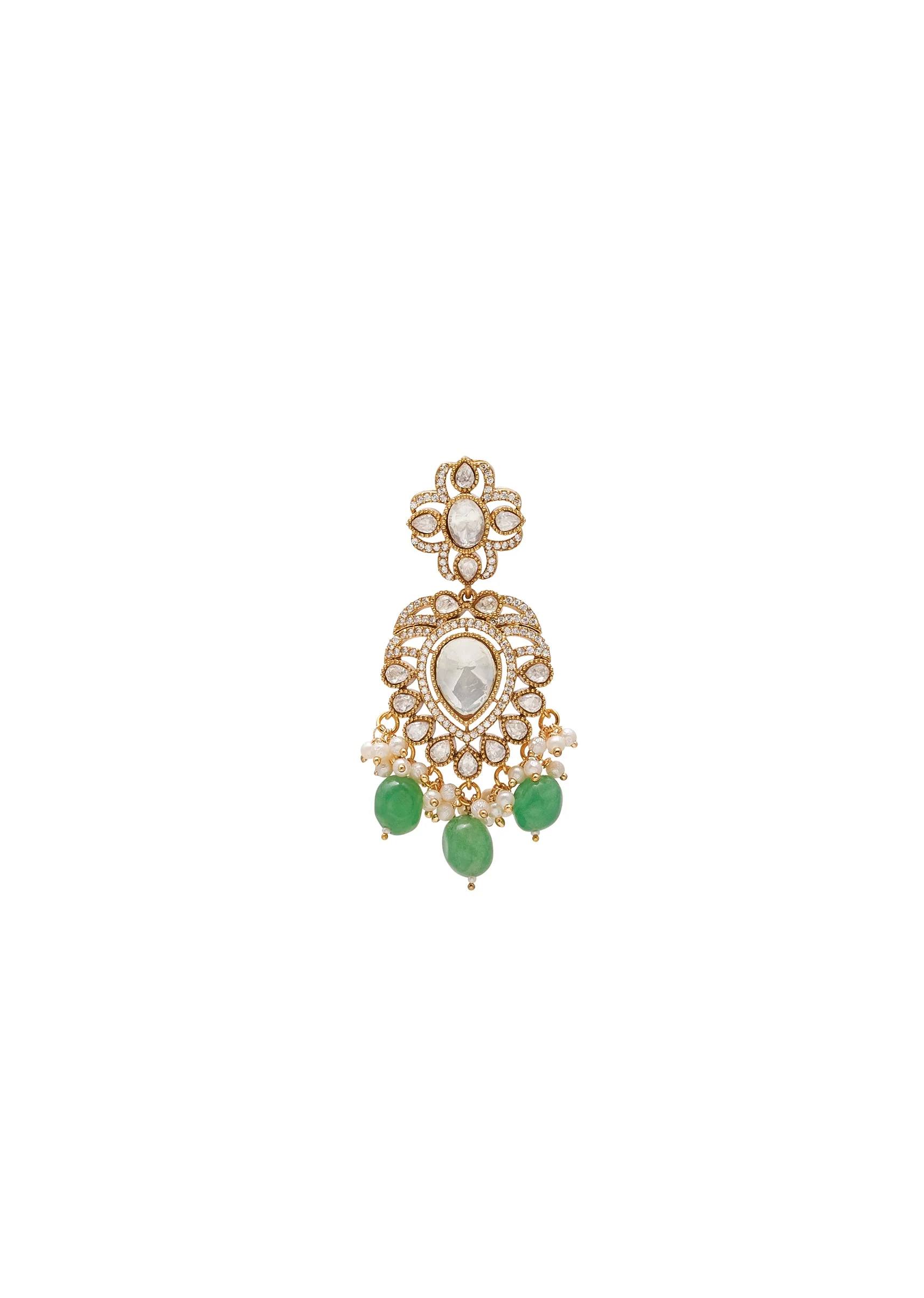 Green And Gold Floral Pendant Necklace Set With Maangtikka