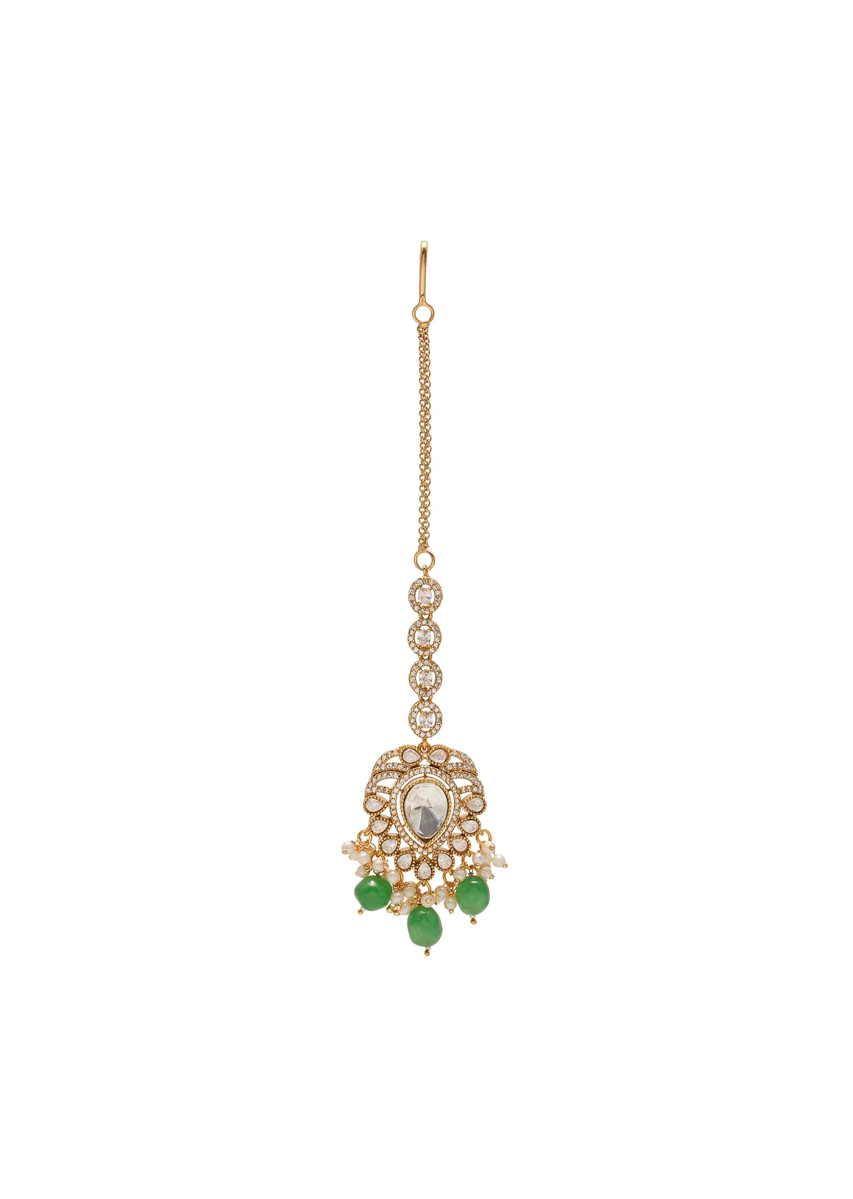 Green And Gold Floral Pendant Necklace Set With Maangtikka
