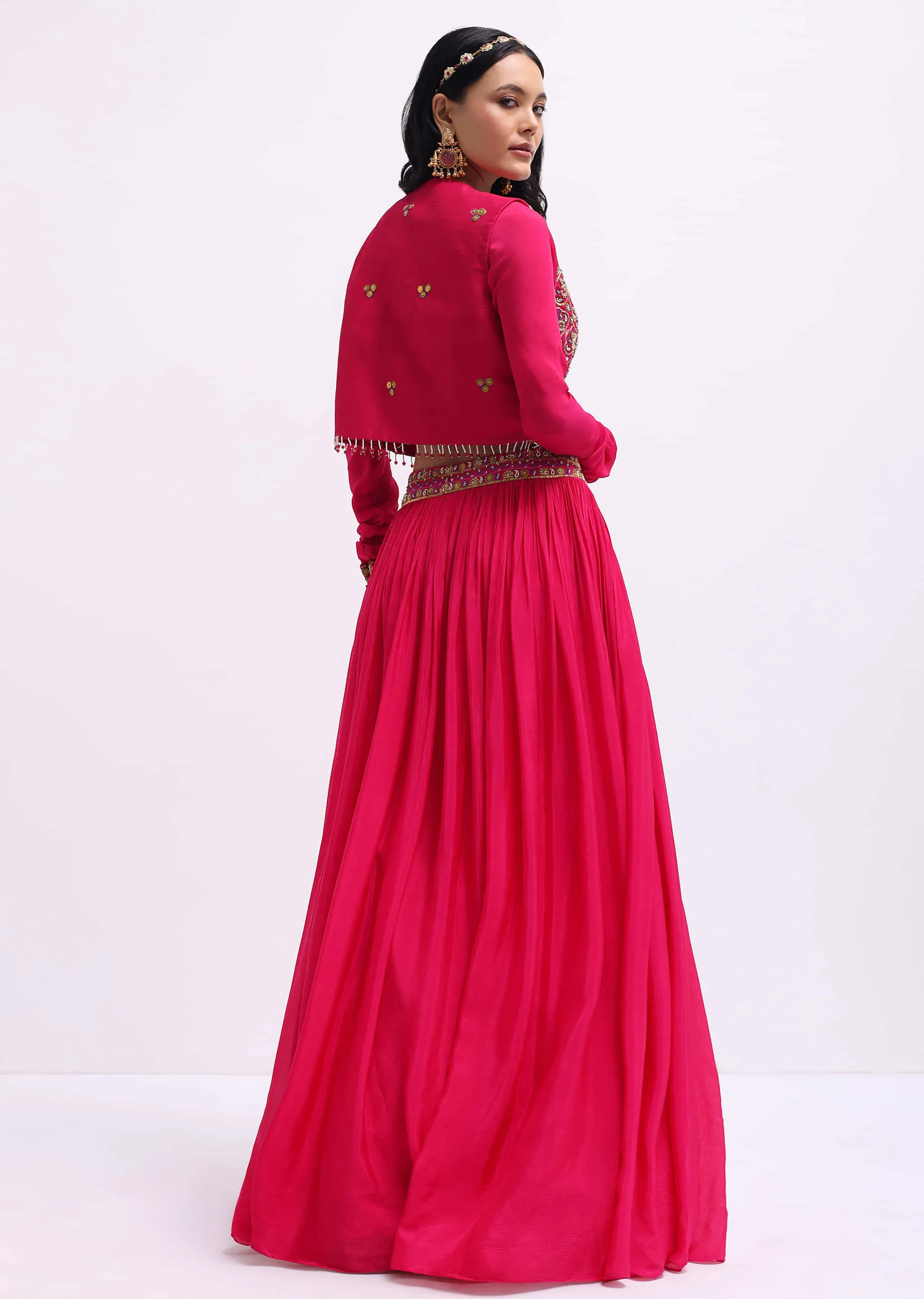 Dark Pink Embroidered Silk Lehenga Choli Set