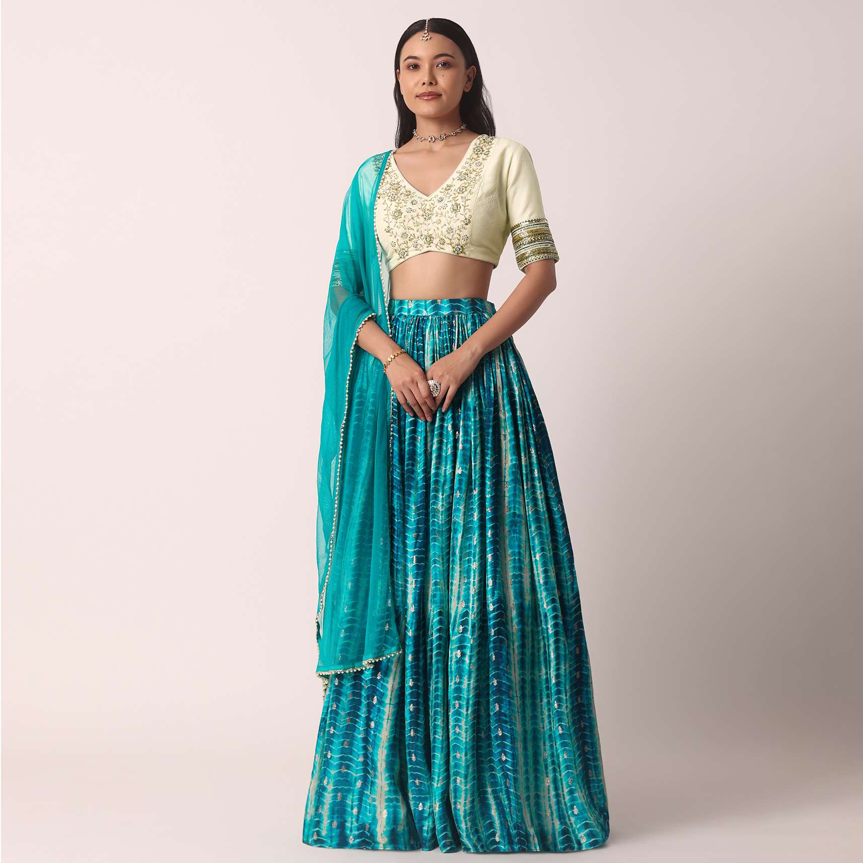 10715-green-printed-lehenga-set-with-cutdana-work-1.jpg Green Printed Lehenga Set With Cutdana Work