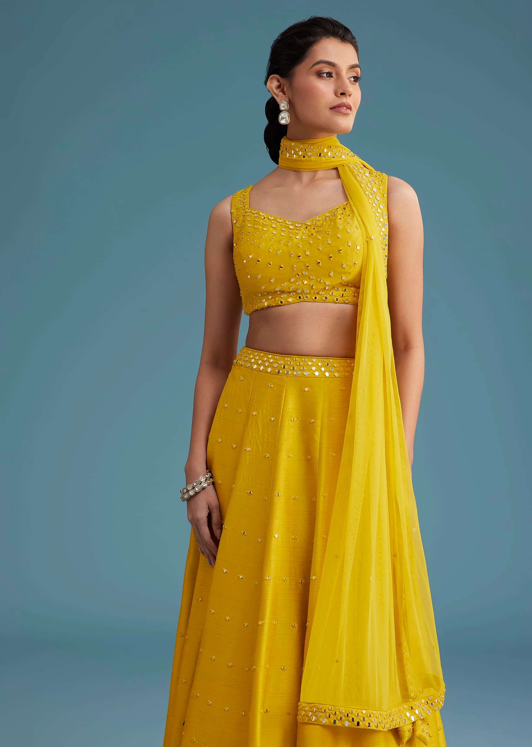 Yellow Nysa Silk Lehenga Set With Mirror Work