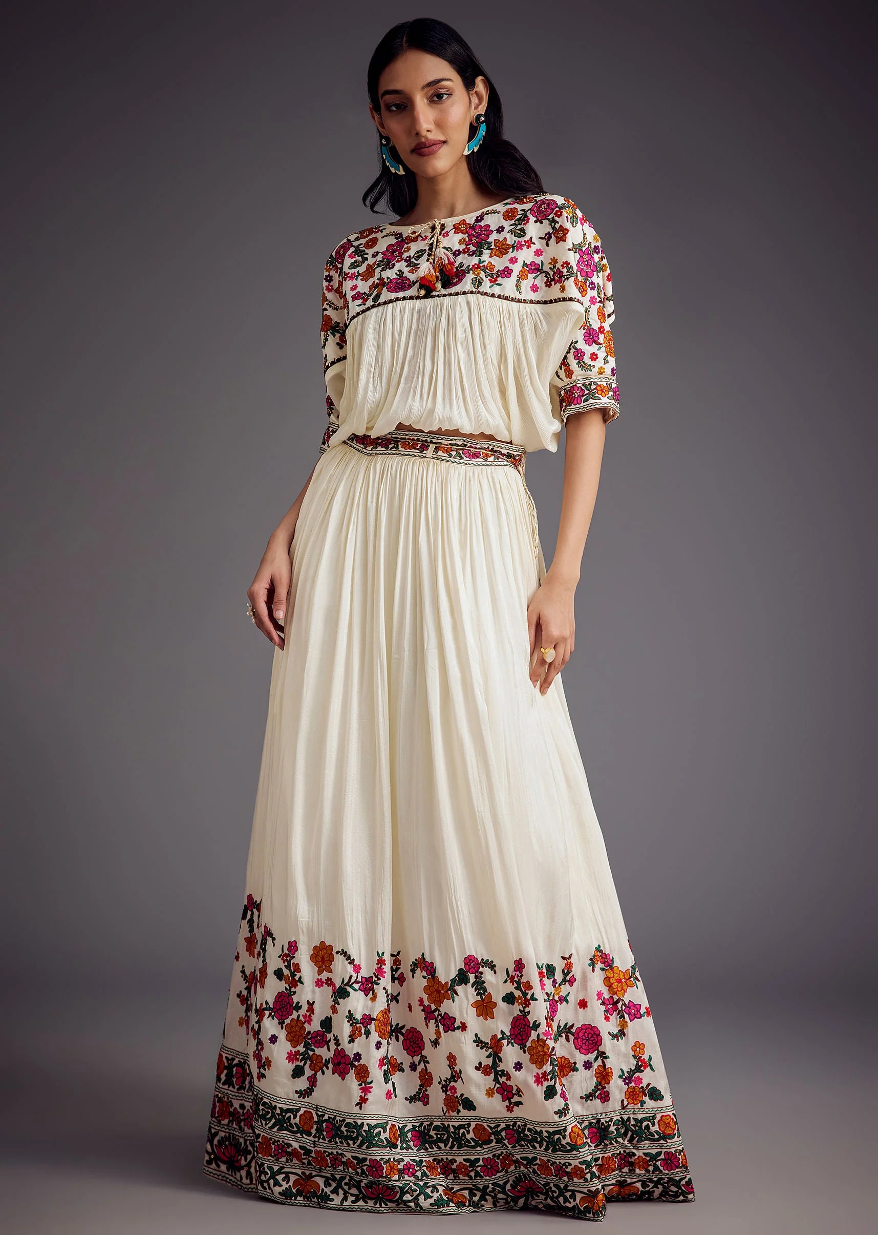 Ivory Embroidered Skirt With Resham work Detailed Crop Top