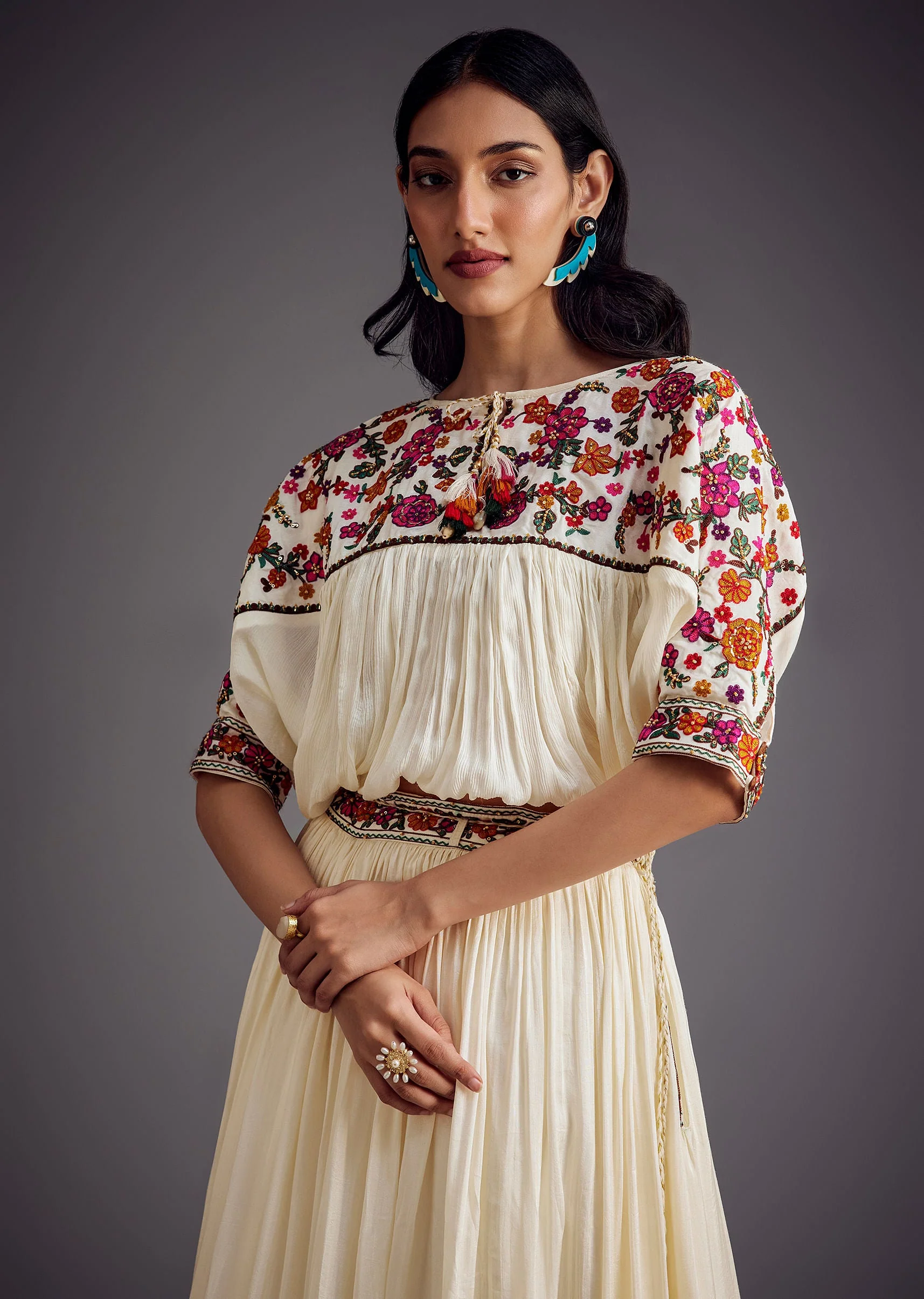 Ivory Embroidered Skirt With Resham work Detailed Crop Top