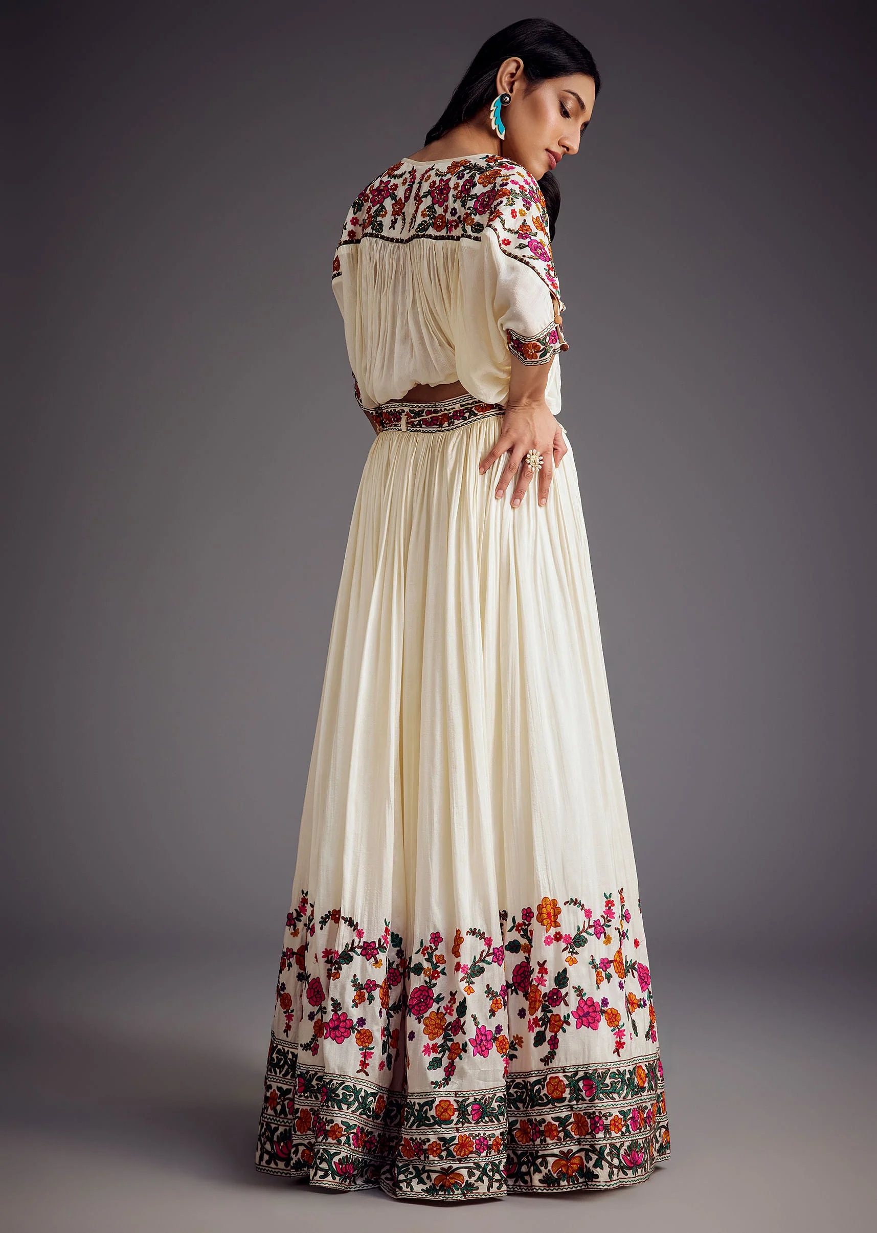 Ivory Embroidered Skirt With Resham work Detailed Crop Top