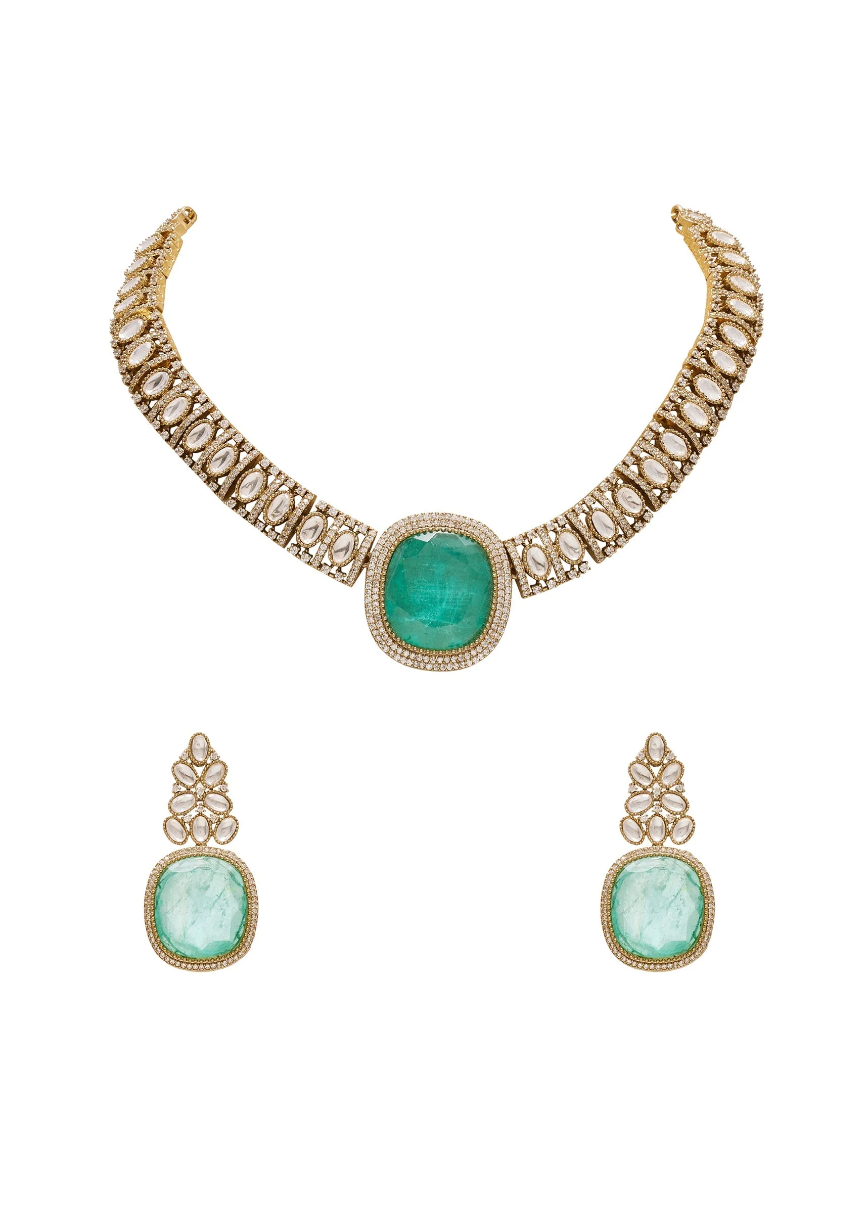 Gold Toned Mint Green Stone Necklace Set