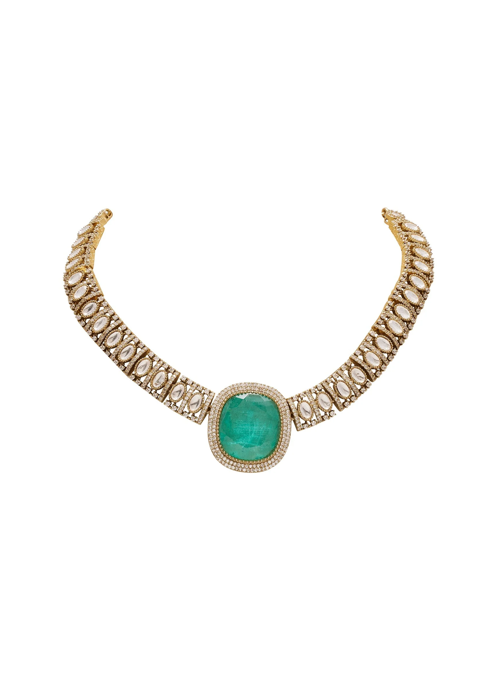 Gold Toned Mint Green Stone Necklace Set
