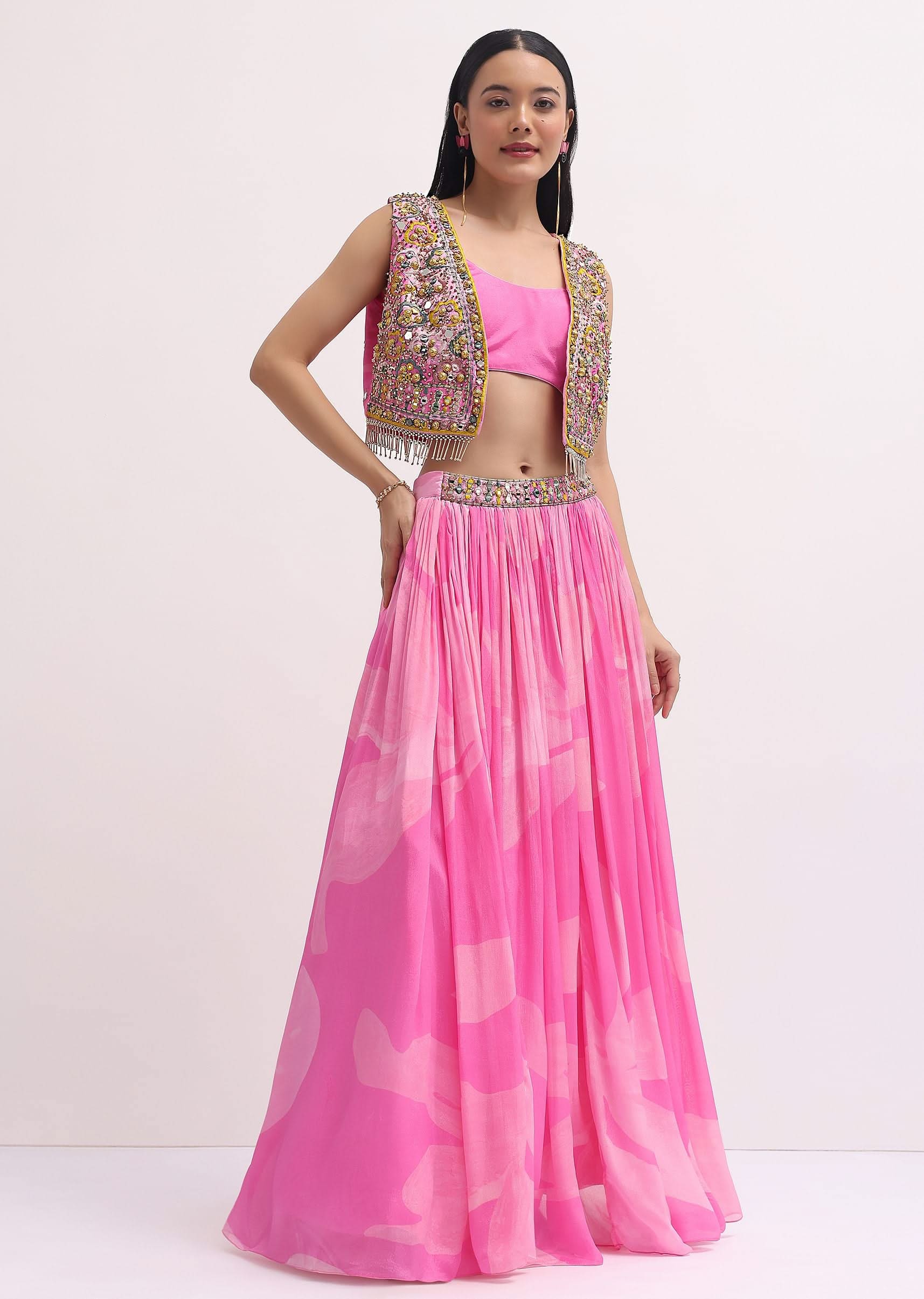 10751-pink-printed-lehenga-choli-with-embroidered-jacket-1.jpg Pink Printed Lehenga Choli With Embroidered Jacket