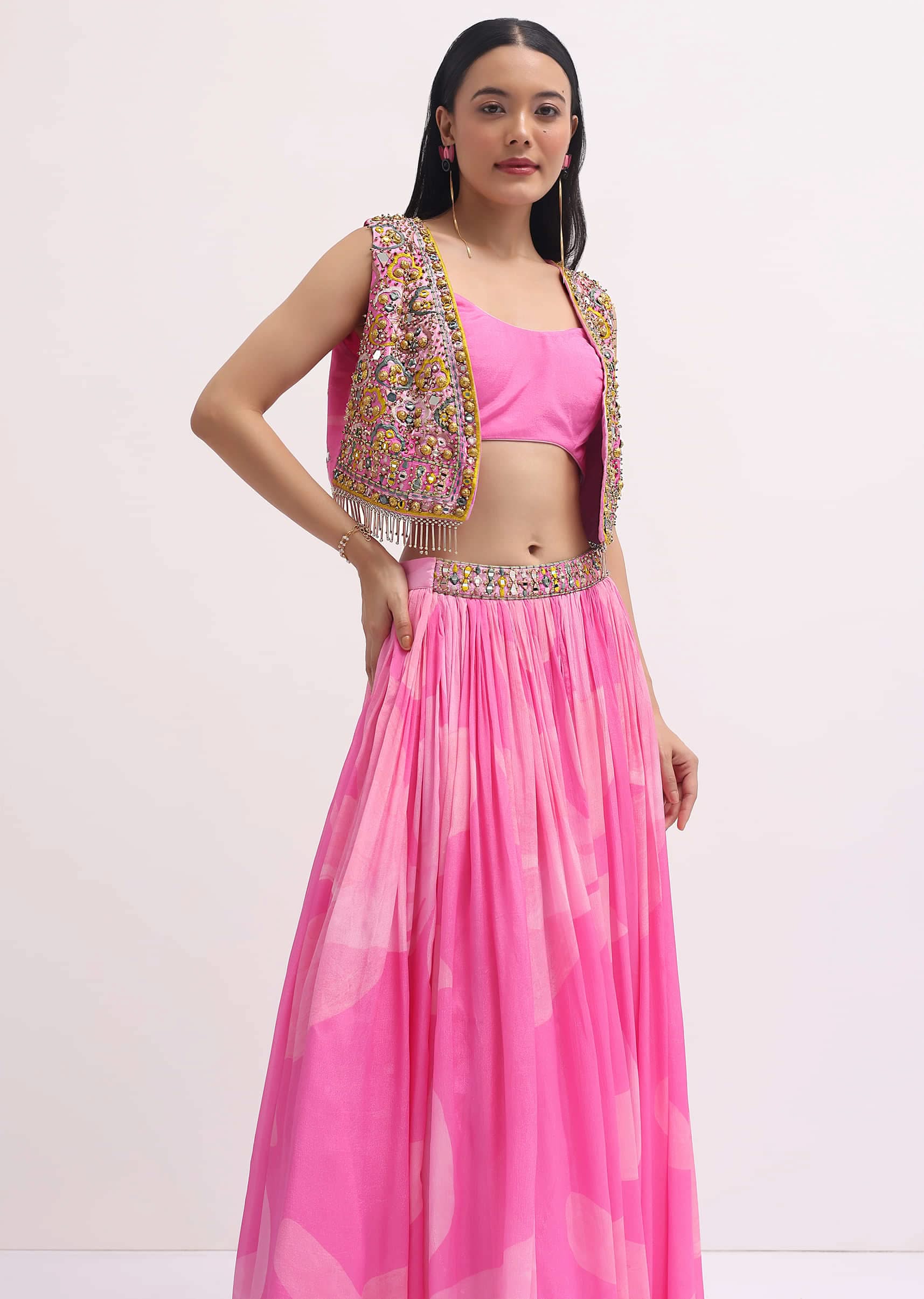 Pink Printed Lehenga Choli With Embroidered Jacket