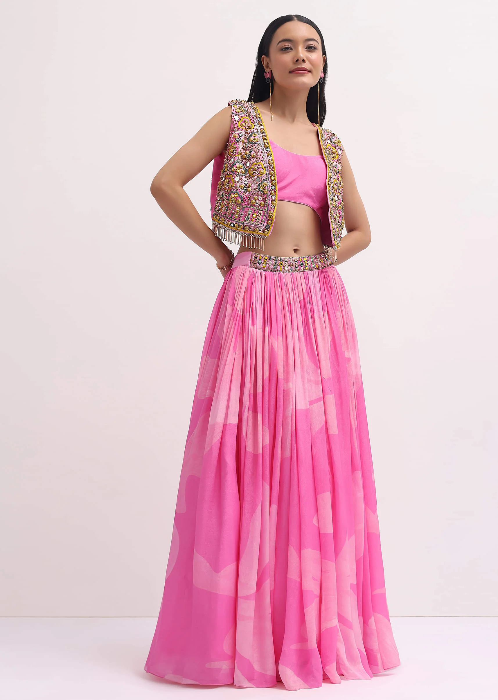 Pink Printed Lehenga Choli With Embroidered Jacket
